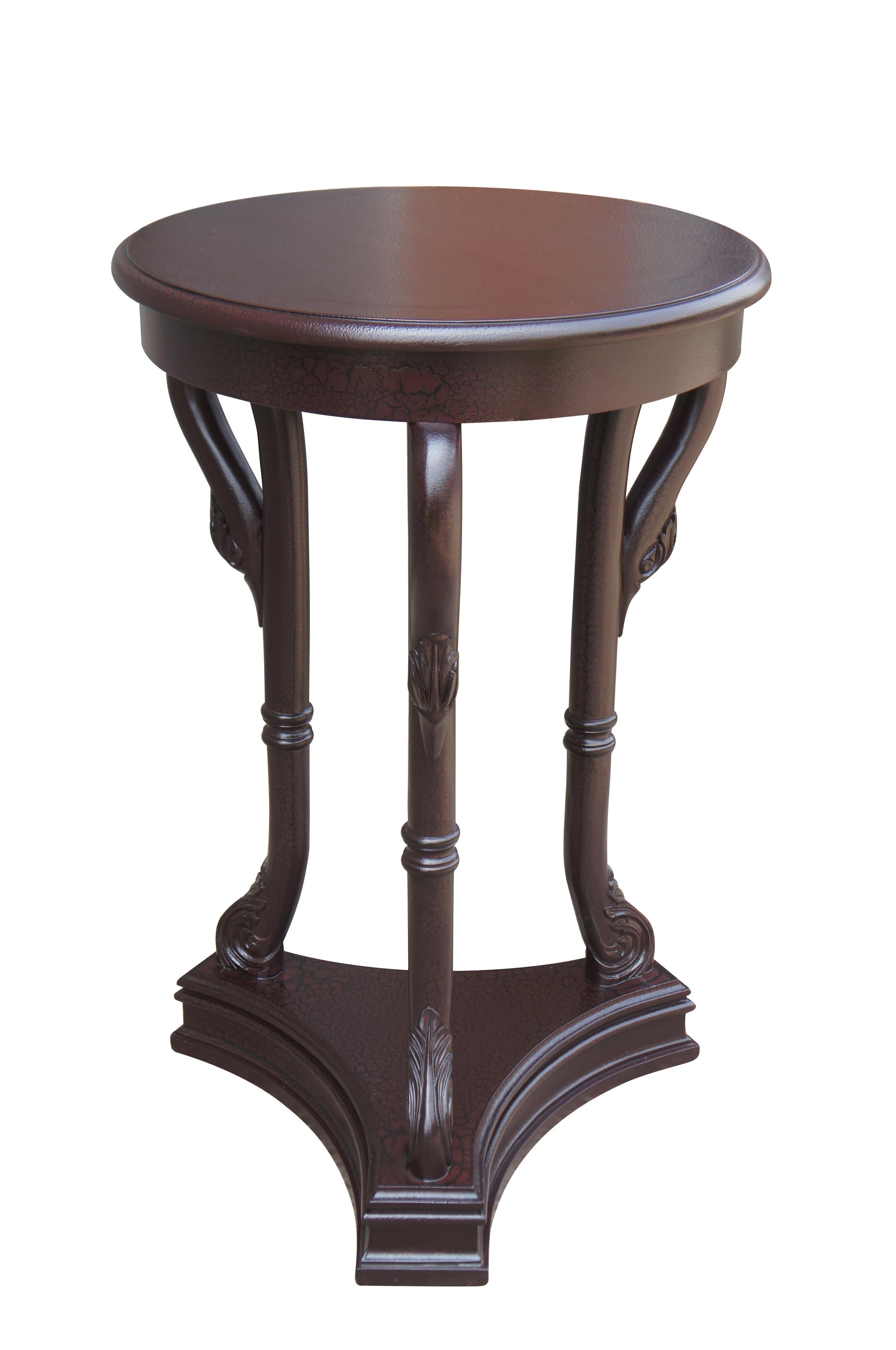 Stately French Directoire and Empire inspired Pedestal or Sculpture Stand. Made from hardwood with a crackle lacquer finish. Features three intricate downswept swan supports leading to an acanthus scrolled foot over a tripod base. Finish is a