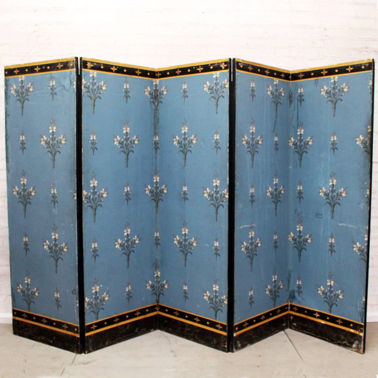 Hand-Painted French Directoire Double Sided Five Panel Room Screen Blue with Gold Detail