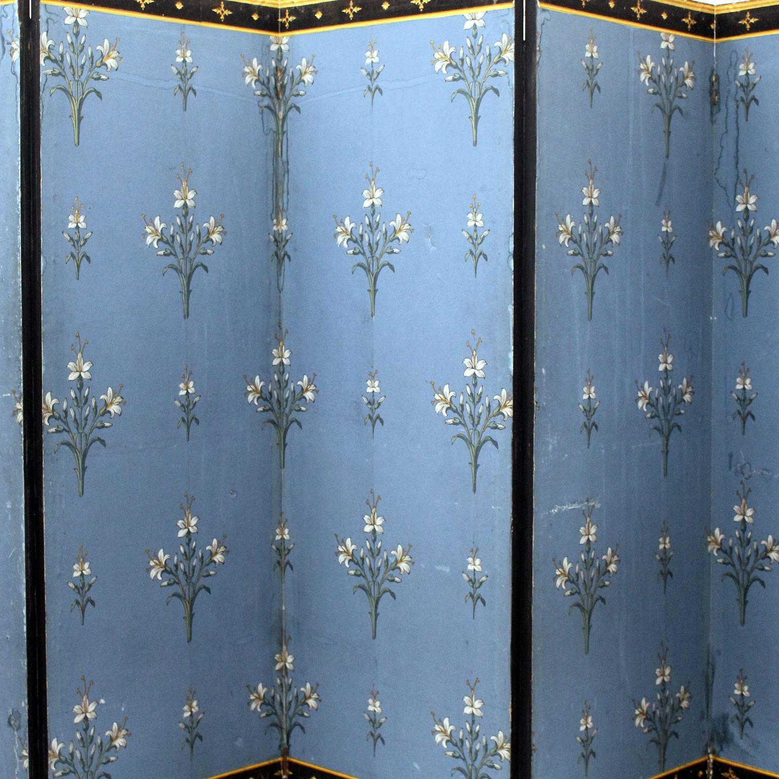 French Directoire Double Sided Five Panel Room Screen Blue with Gold Detail In Fair Condition In Kent, GB