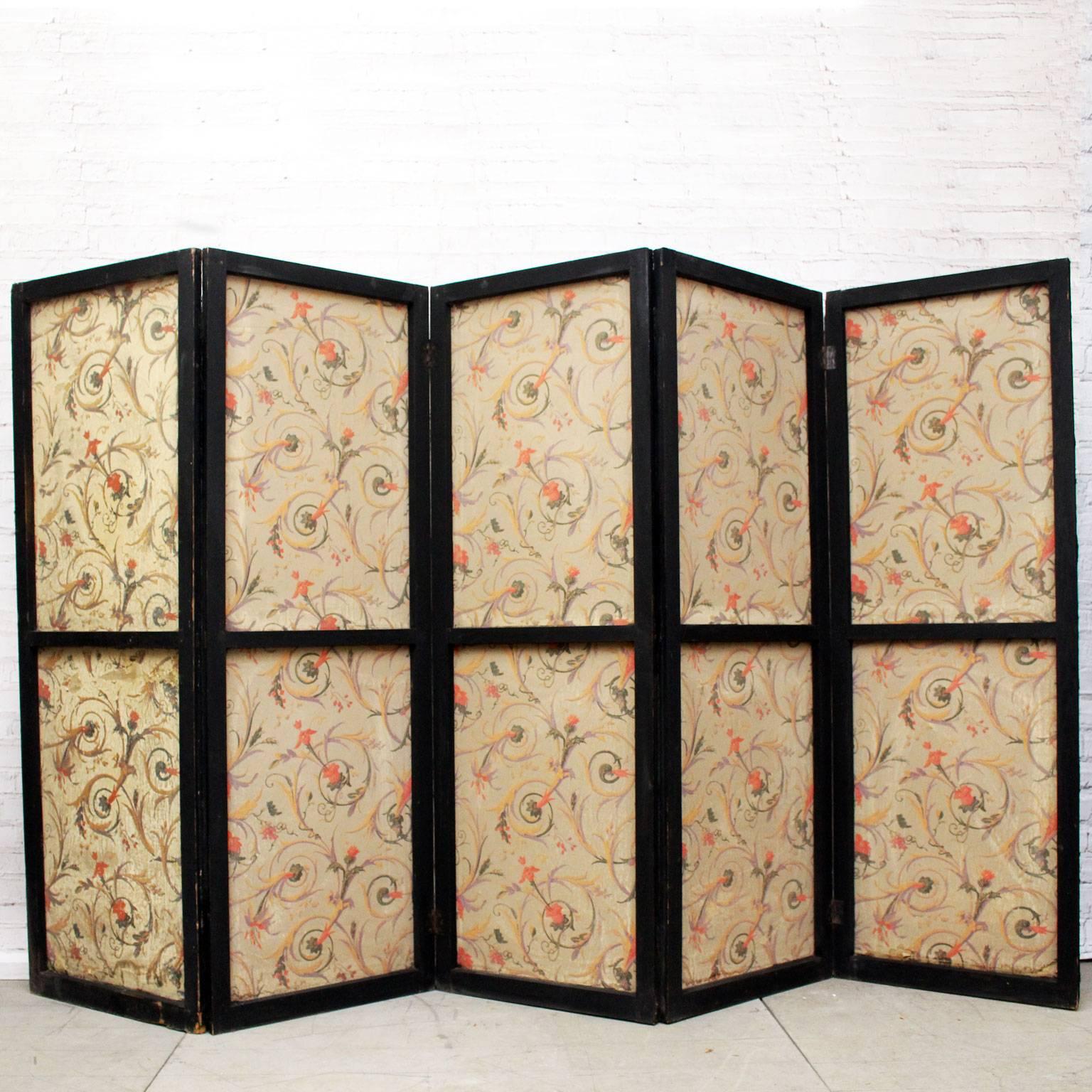 Wood French Directoire Double Sided Five Panel Room Screen Blue with Gold Detail
