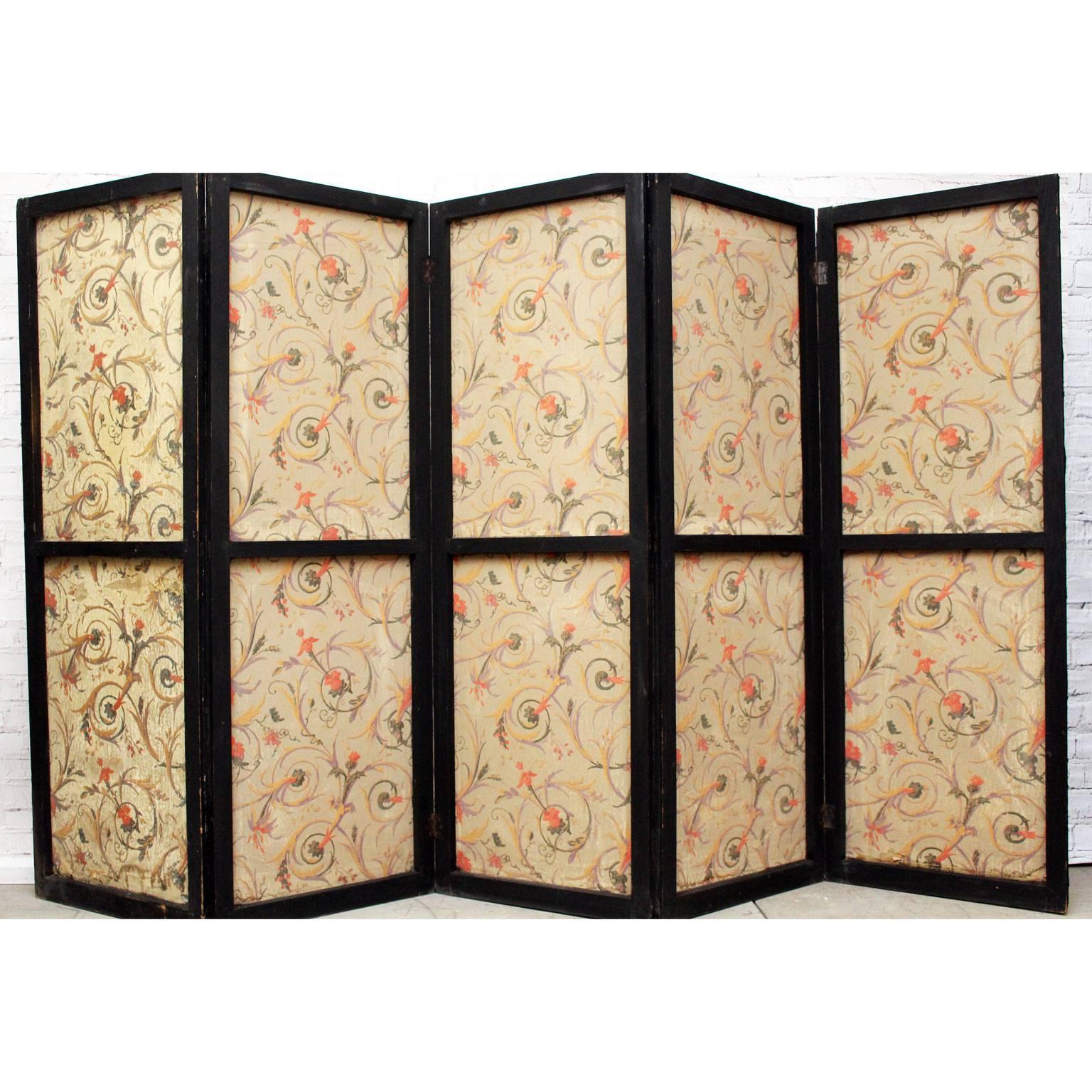 French Directoire Double Sided Five Panel Room Screen Blue with Gold Detail 1