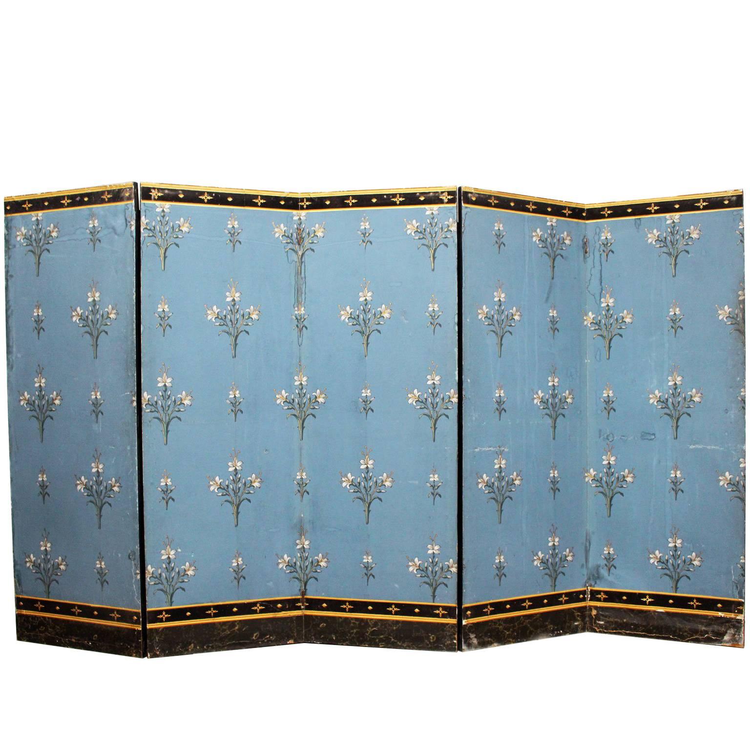 French Directoire Double Sided Five Panel Room Screen Blue with Gold Detail