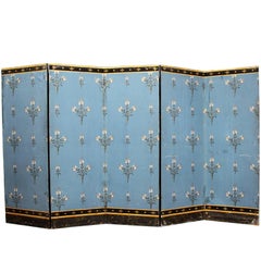 Antique French Directoire Double Sided Five Panel Room Screen Blue with Gold Detail