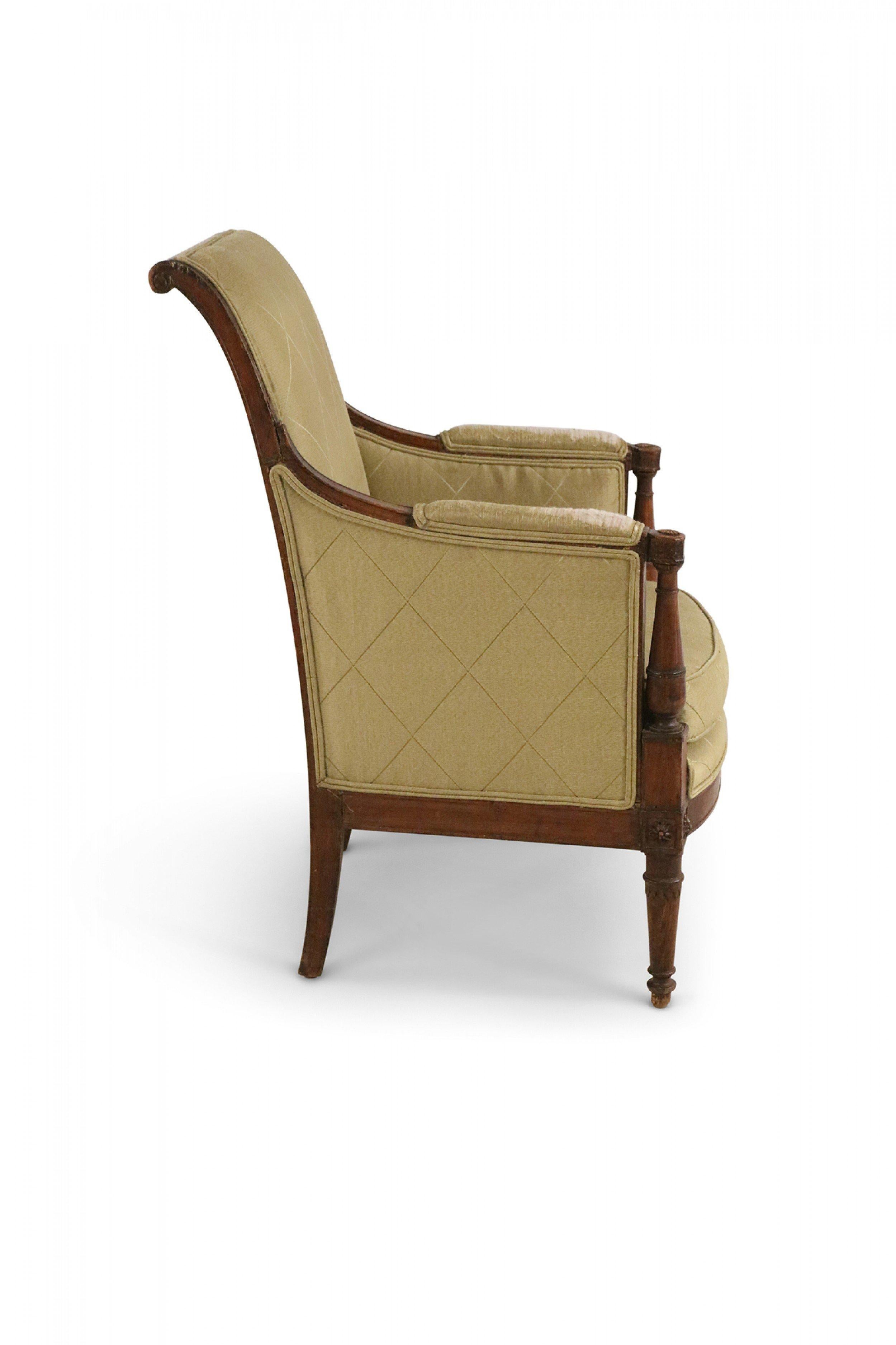 Fabric French Directoire Green Diamond Pattern Upholstered Mahogany Bergere Armchair For Sale