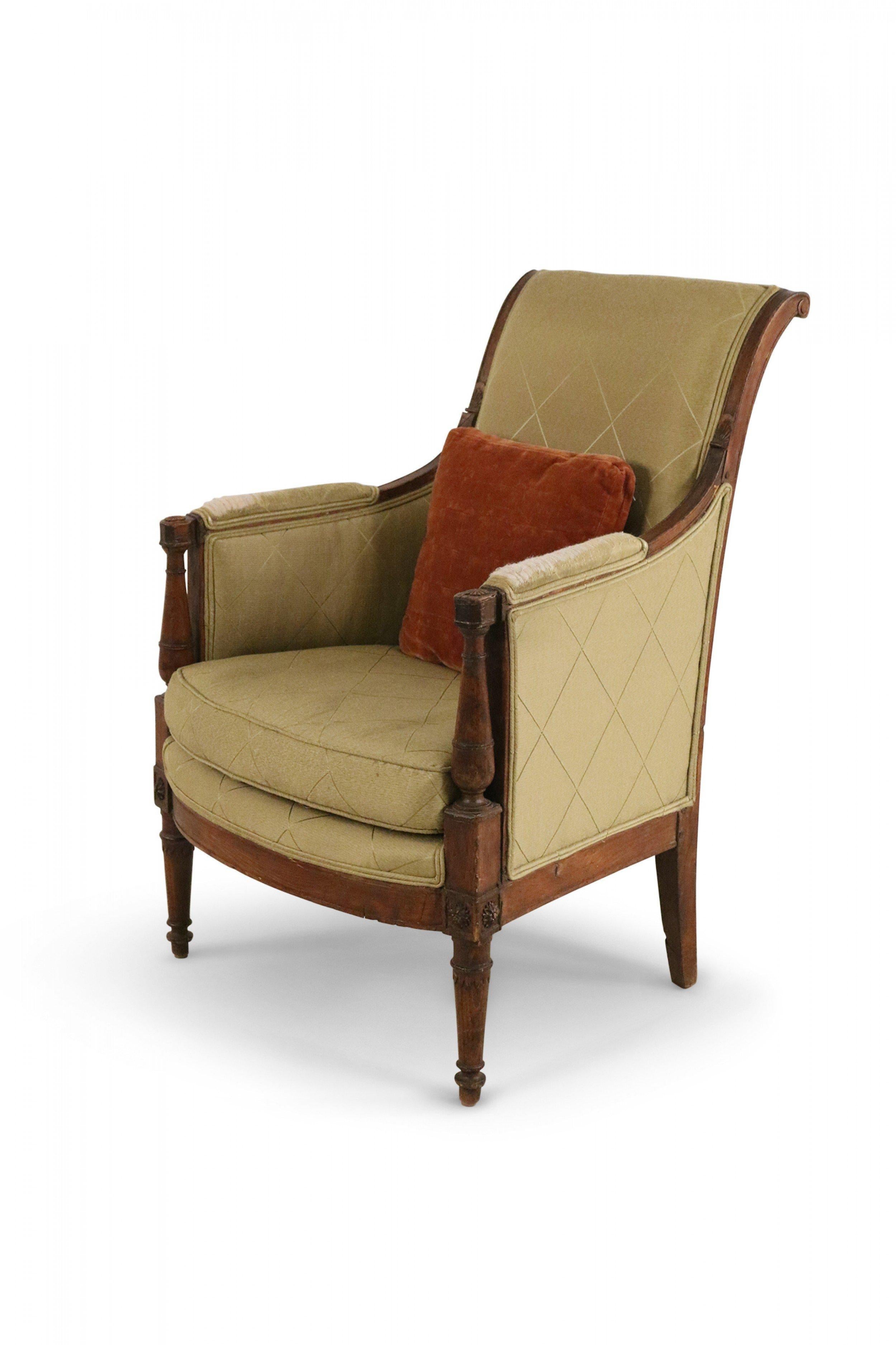 French Directoire Green Diamond Pattern Upholstered Mahogany Bergere Armchair For Sale 3