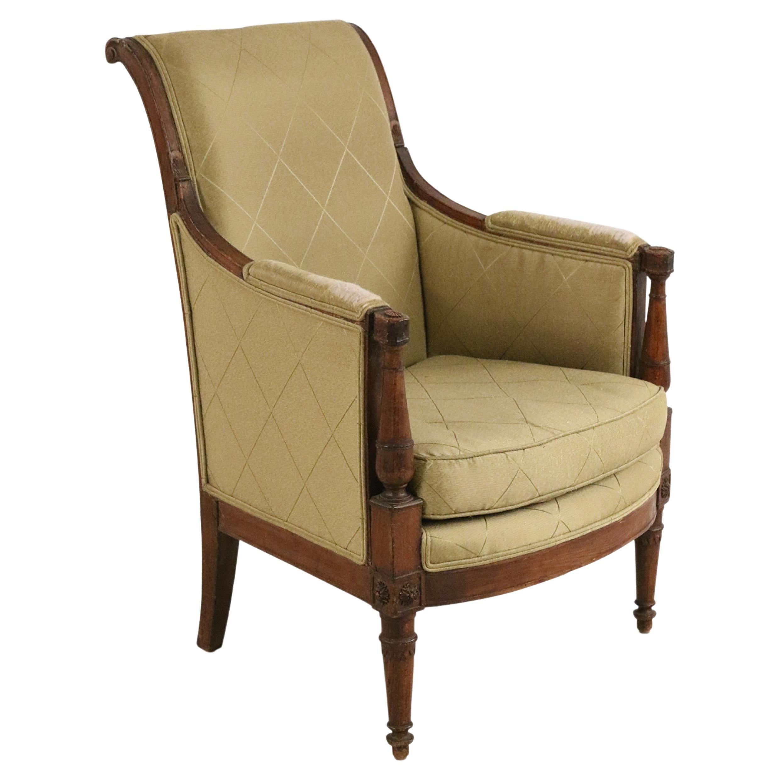 French Directoire Green Diamond Pattern Upholstered Mahogany Bergere Armchair