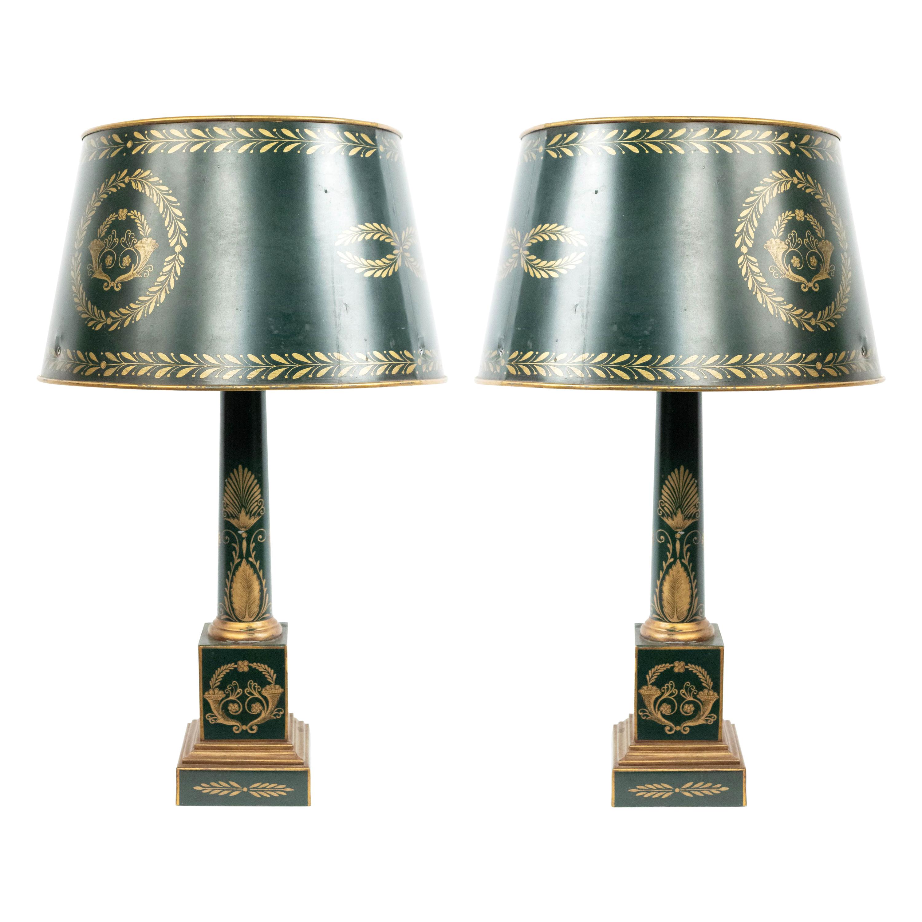 French Directoire Green Tole Table Lamps For Sale