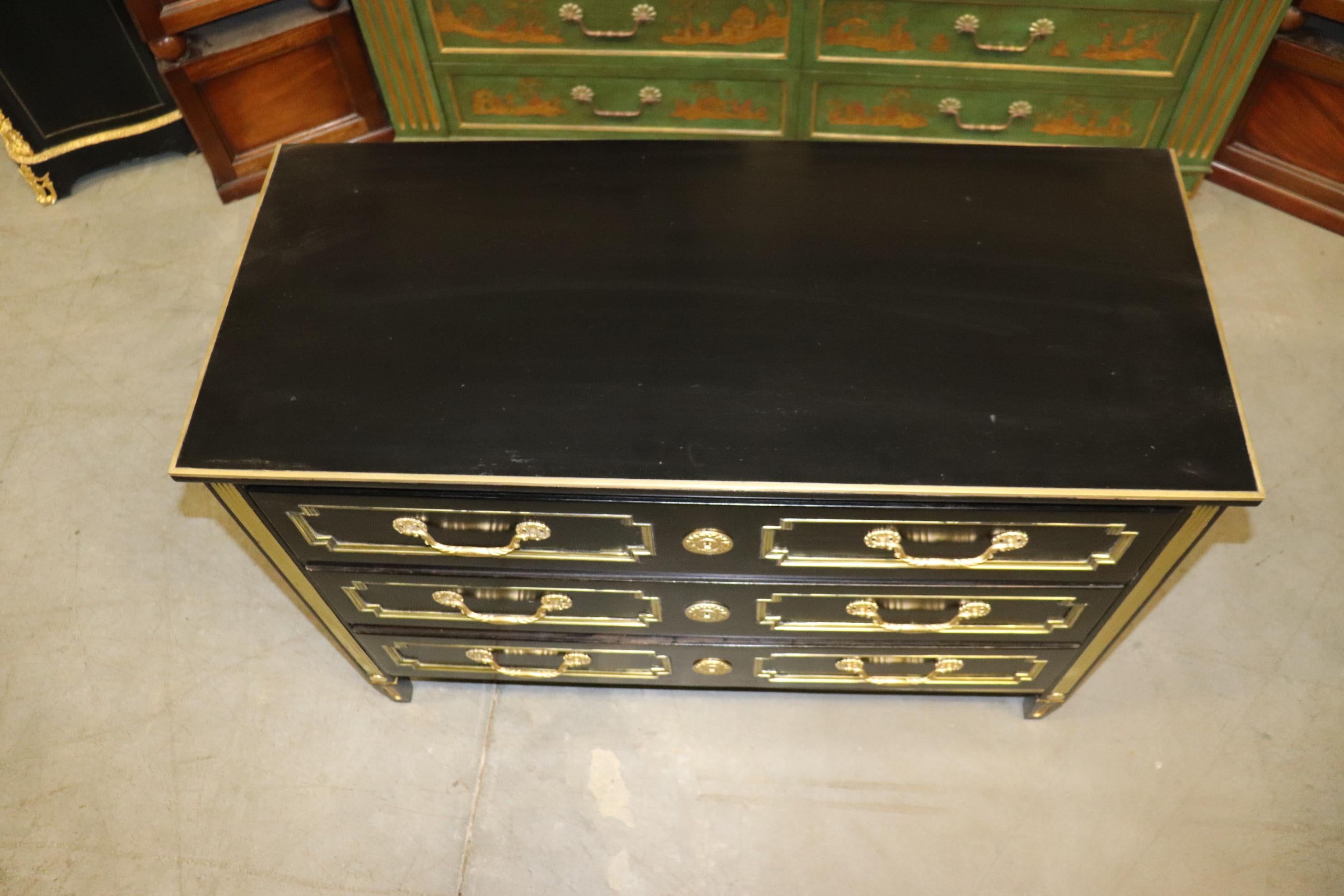 French Directoire Heavily Brass Inlaid Ebonized Commode Circa 1940 Jansen For Sale 1