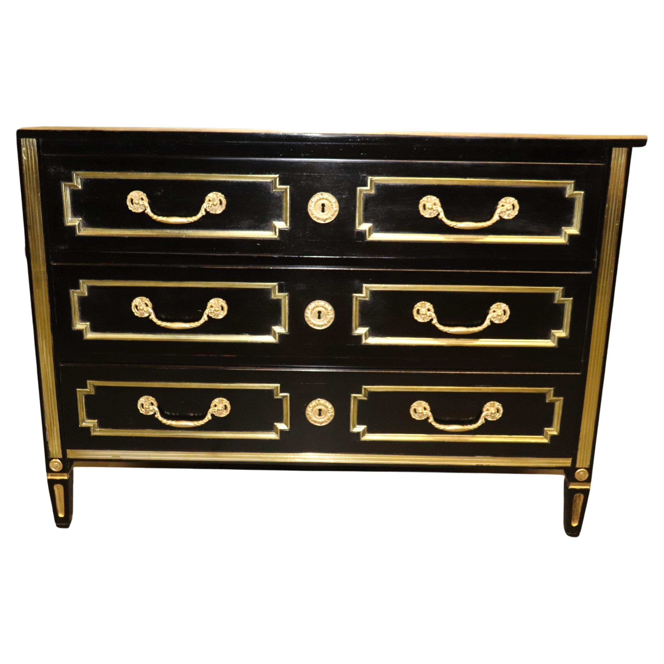 French Directoire Heavily Brass Inlaid Ebonized Commode Circa 1940 Jansen For Sale