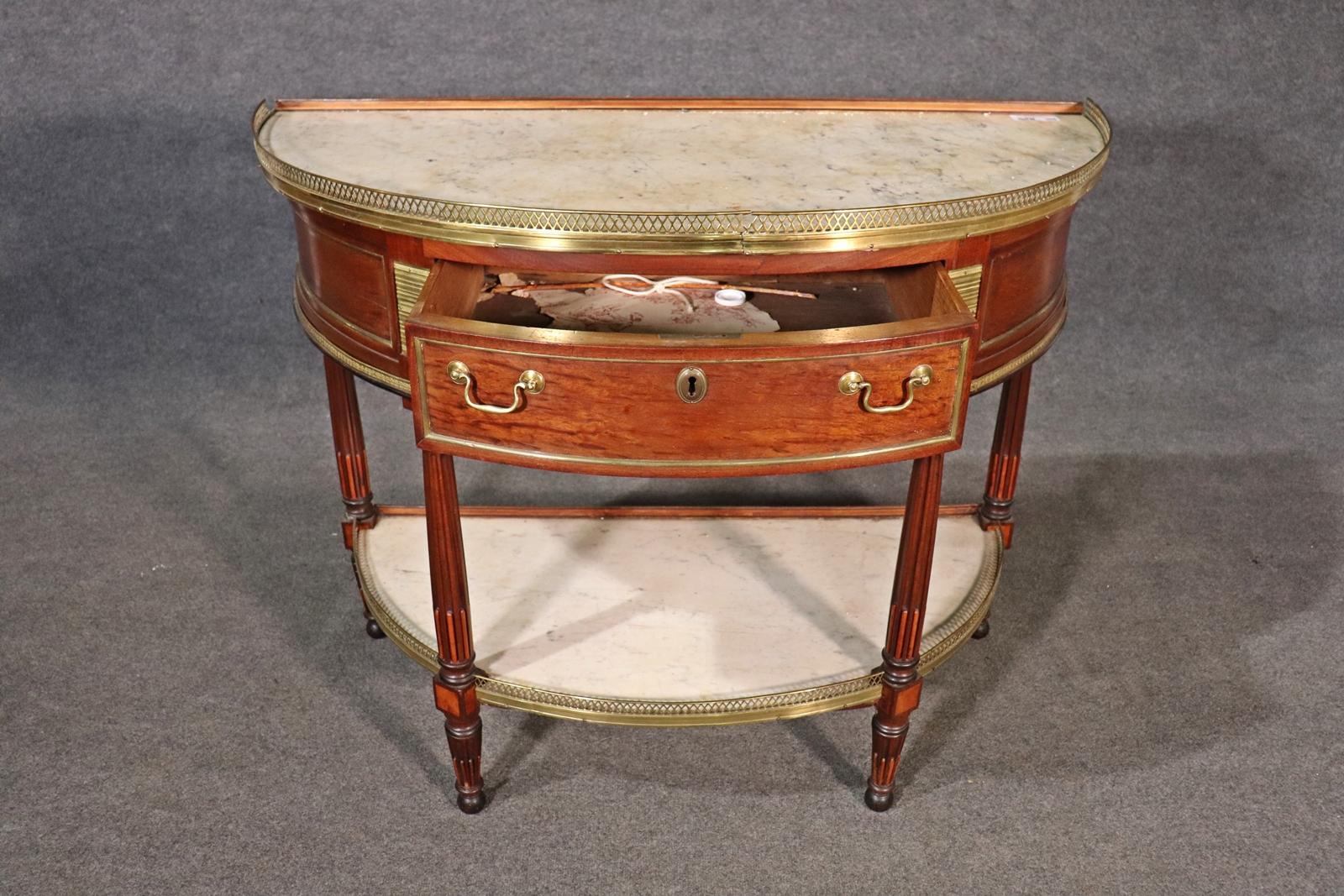 Brass French Directoire Louis XVI Demilune Shape Marble Top Marble Top Console Table For Sale
