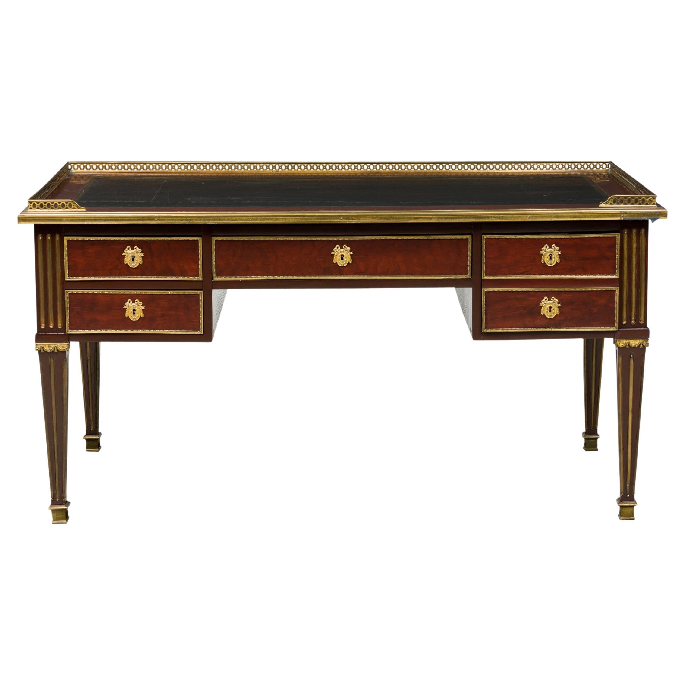 French Directoire Mahogany and Brass Inlaid Leather Top Desk