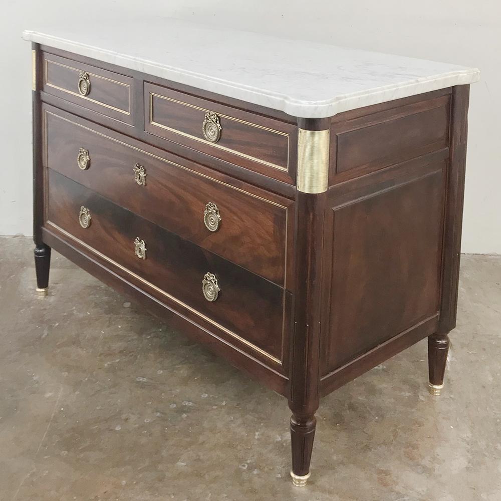 Hand-Crafted French Directoire Mahogany Marble-Top Commode, Silver Chest