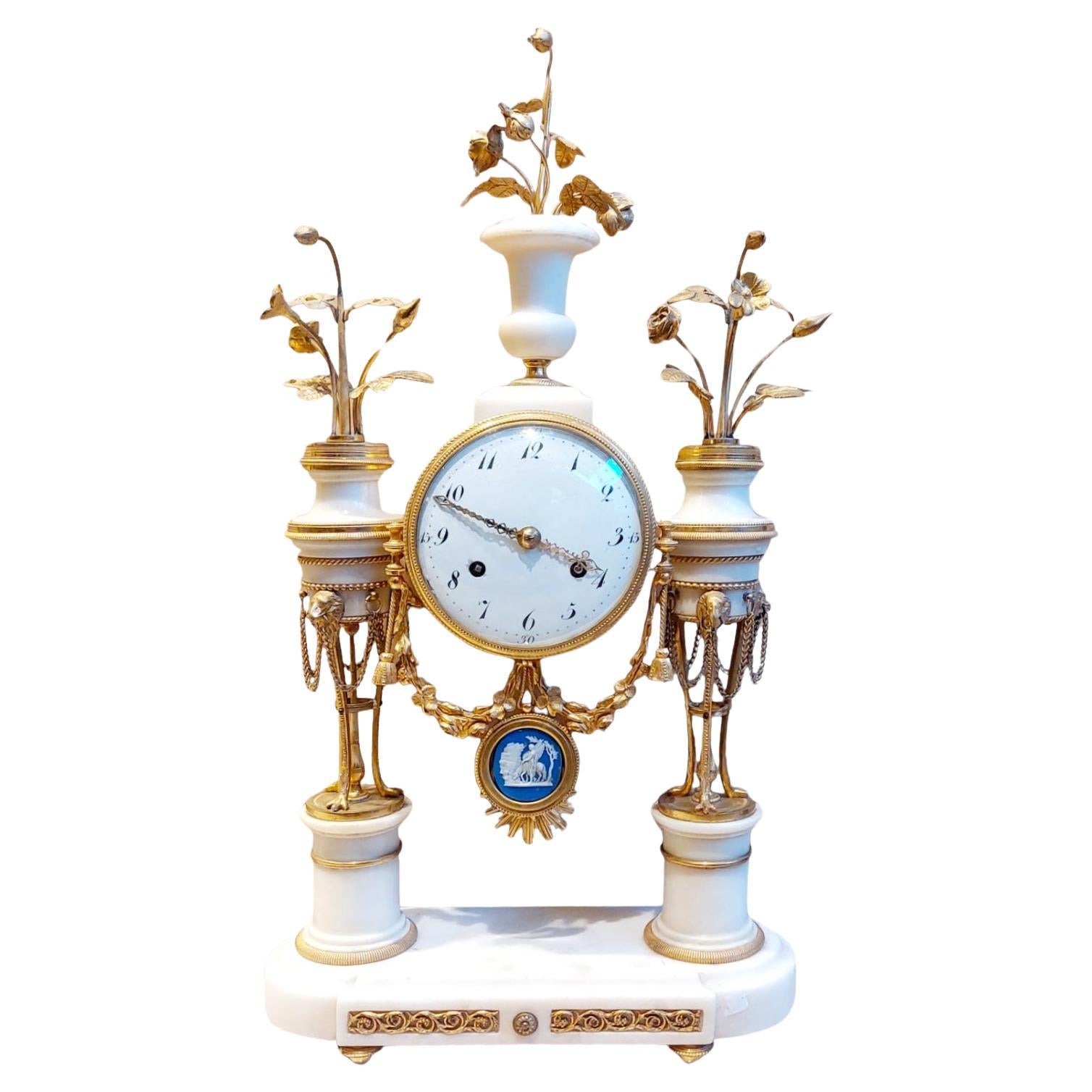 French Directoire Marble Athenian Clock with Eagle Heads Early 19th century