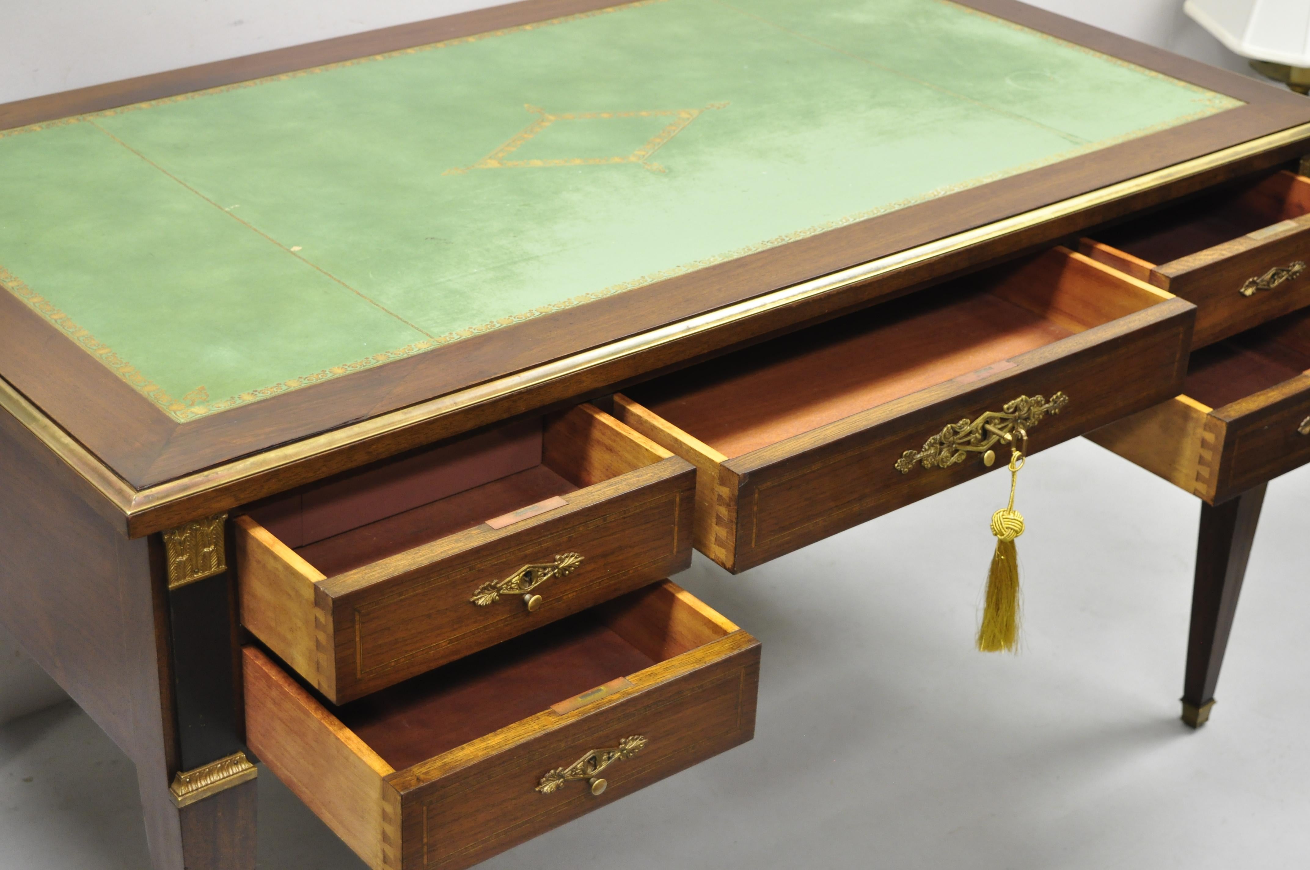 Bronze French Directoire Neoclassical Green Leather Top Mahogany Bureau Plat Desk