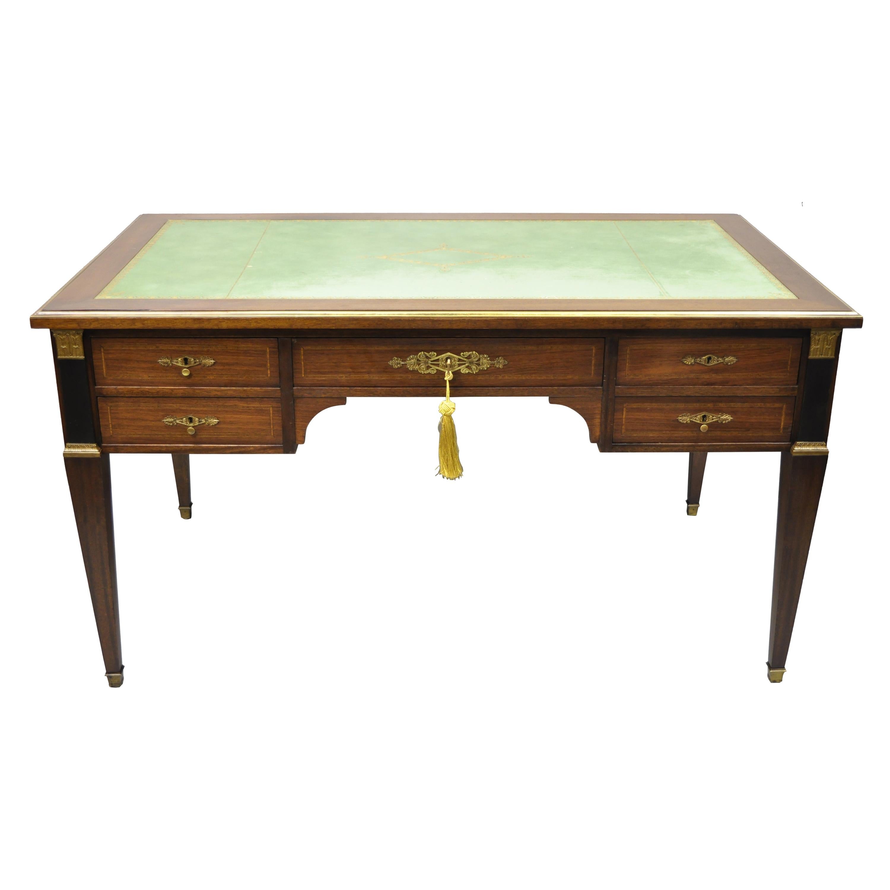 French Directoire Neoclassical Green Leather Top Mahogany Bureau Plat Desk
