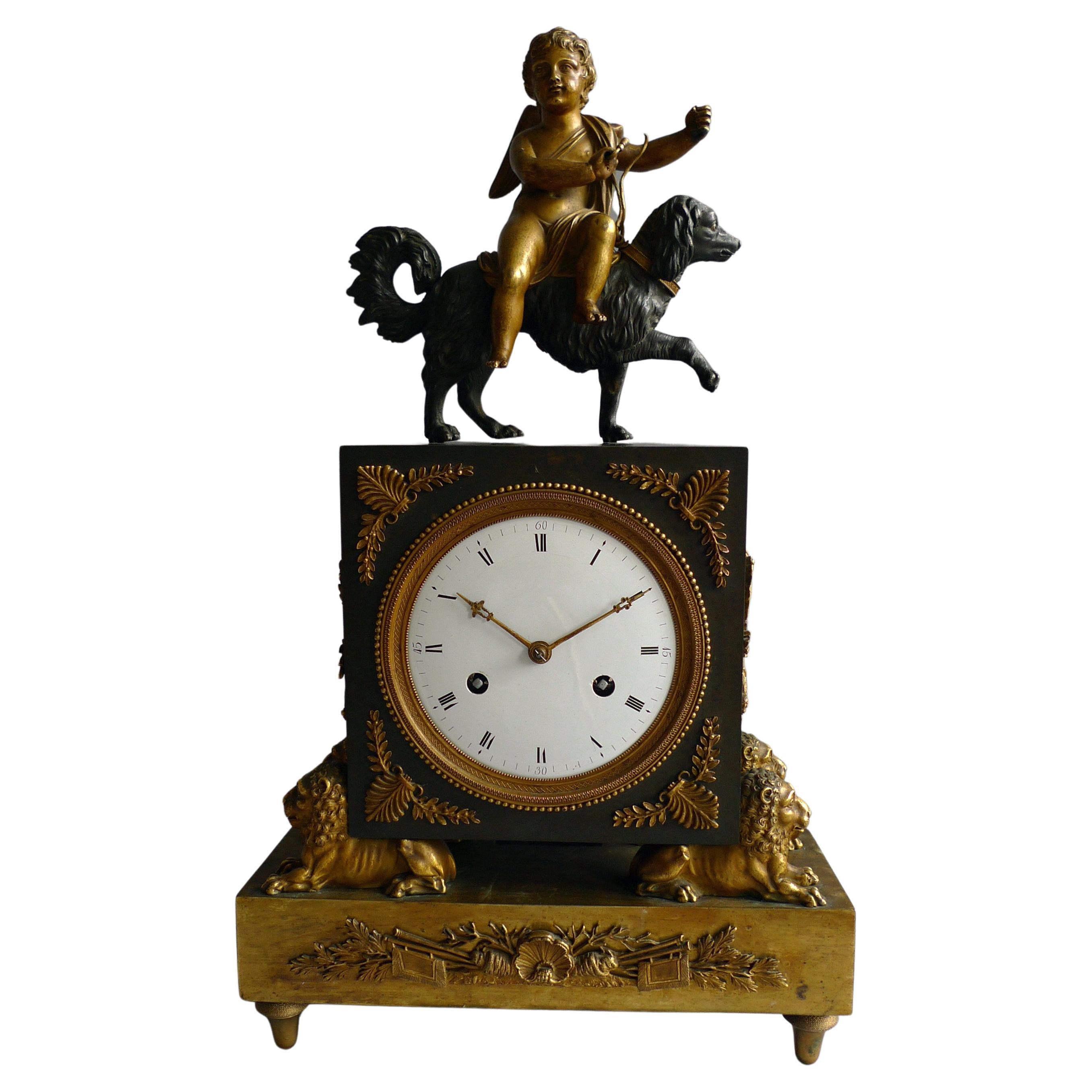 French Directoire or Empire Clock with Cupid Riding a Dog For Sale