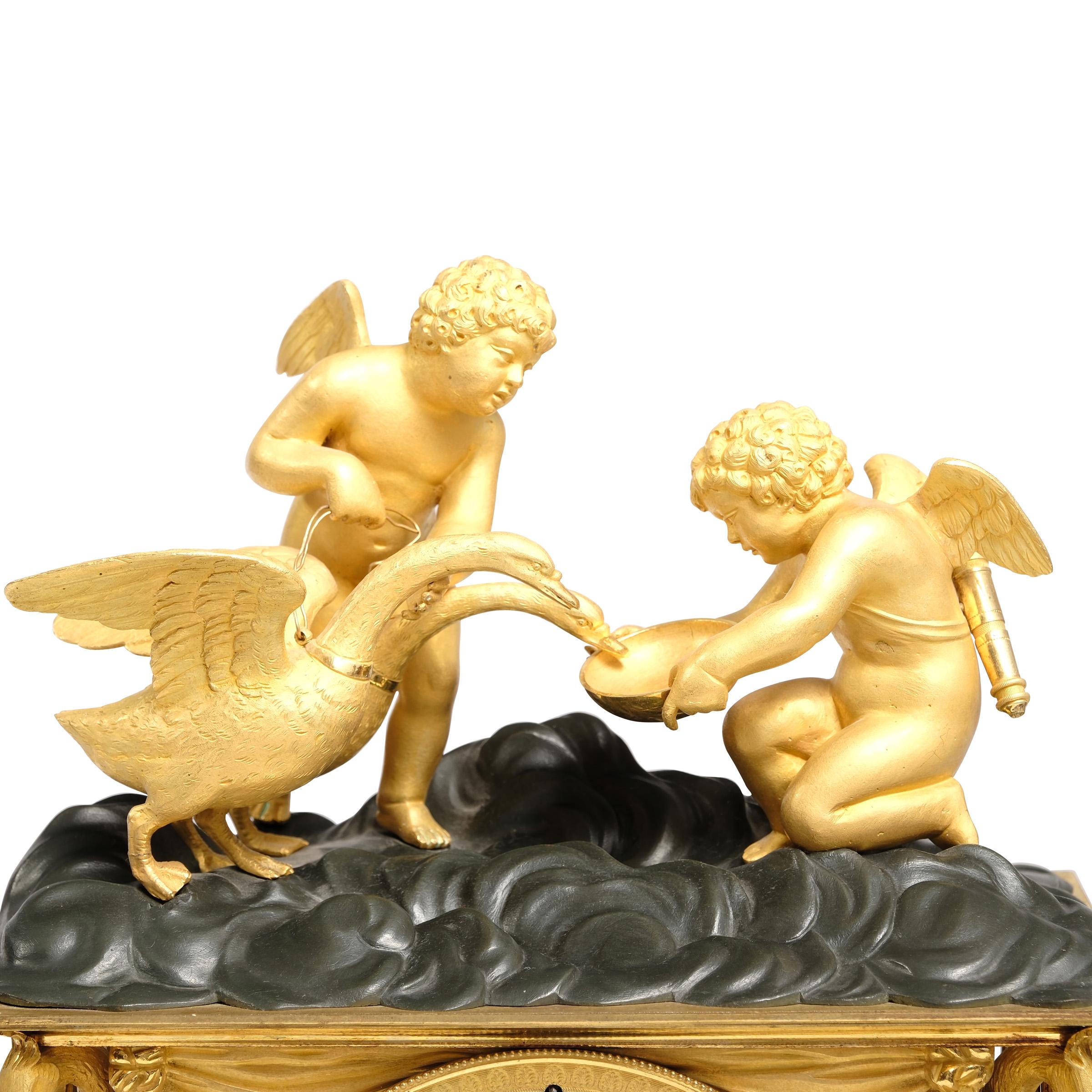 Gilt French Directoire Pendule Clock with Swans and Putti Paris 1790/1800  For Sale