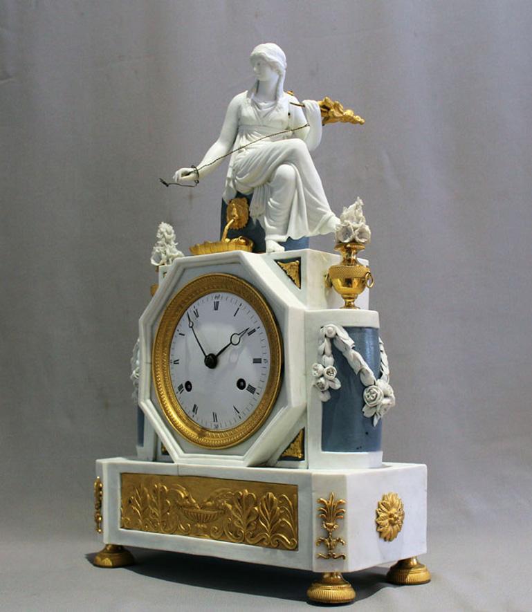 Porcelain French Directoire Period Bisque and Ormolu Mantel Clock Depicting Ariadne For Sale