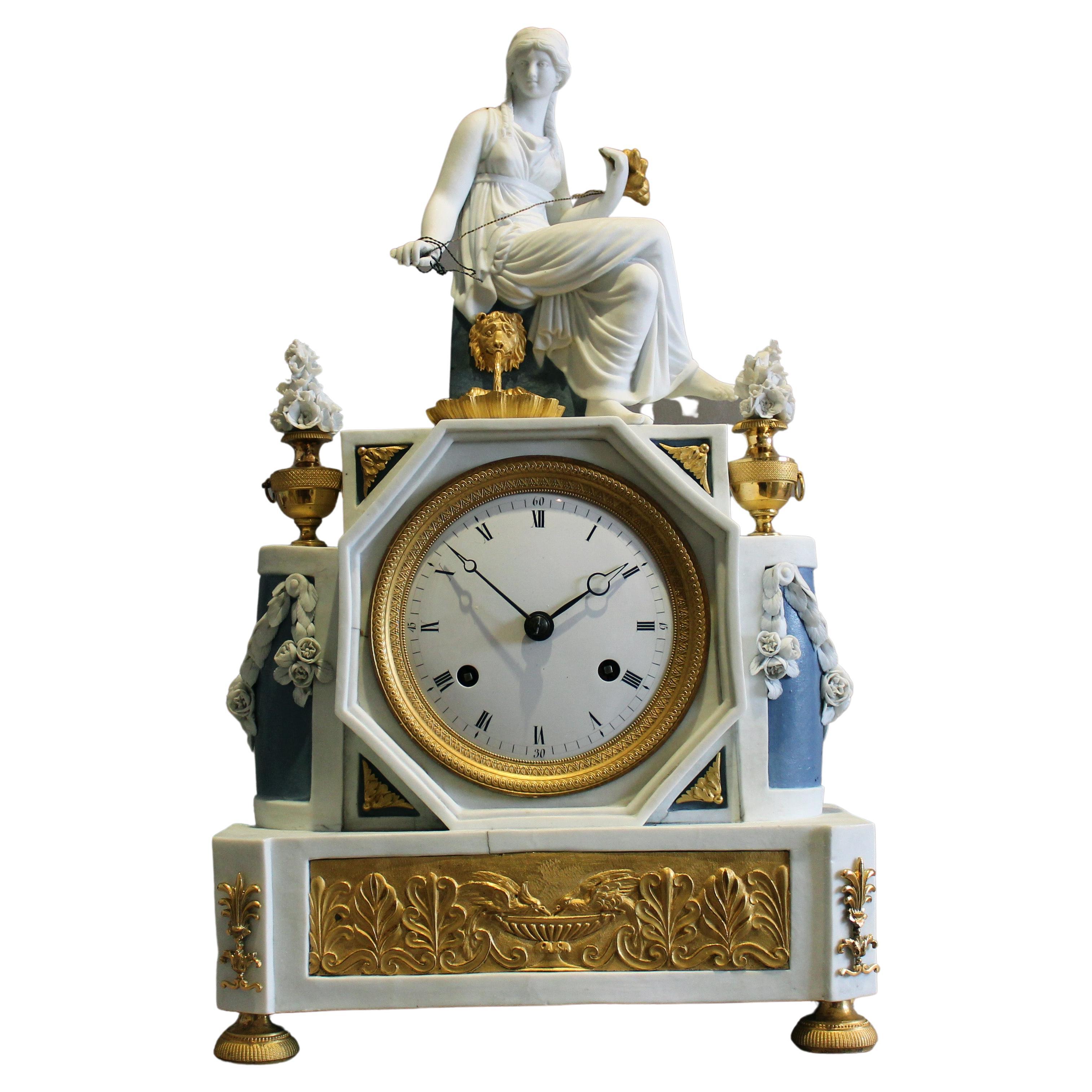 French Directoire Period Bisque and Ormolu Mantel Clock Depicting Ariadne For Sale