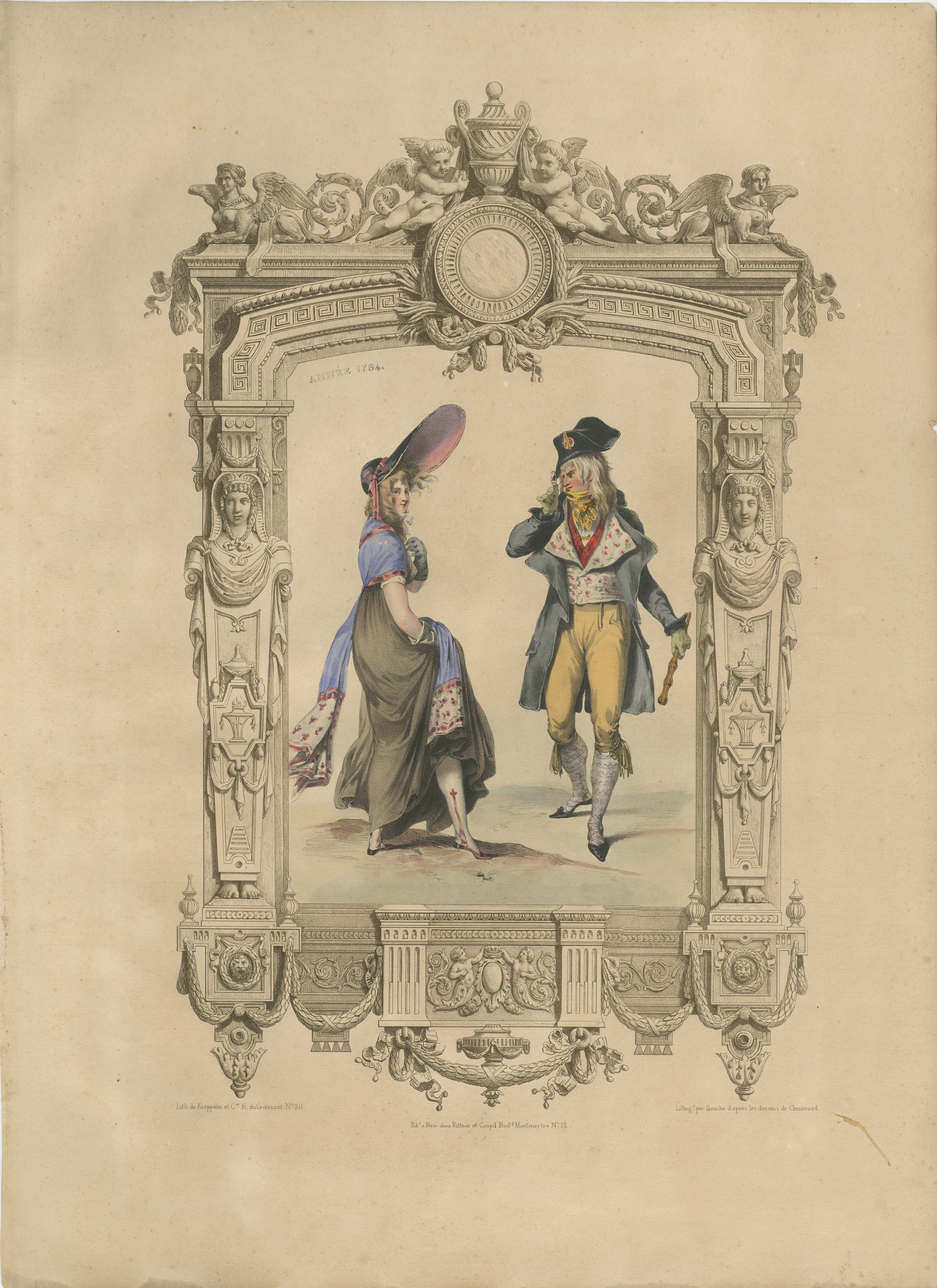 French Directoire Period Costume Lithograph, 1794 – Published 1847