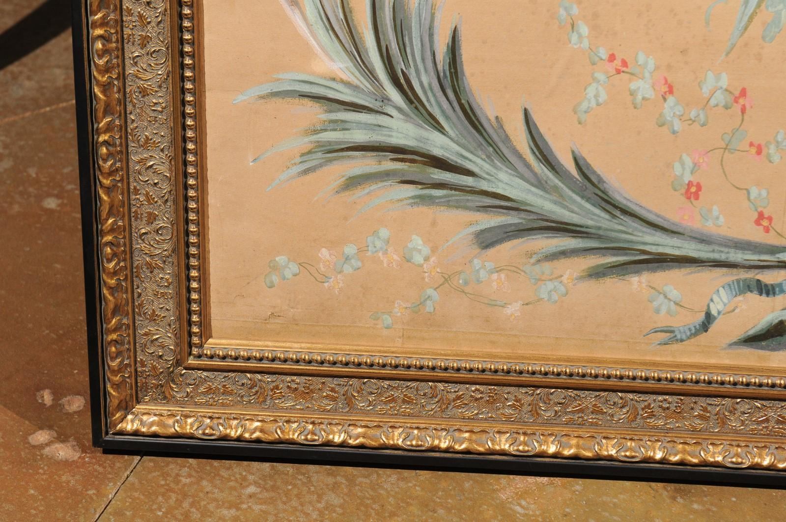 French Directoire Period Floral Painted Panel in Gilded Frame, circa 1790 5