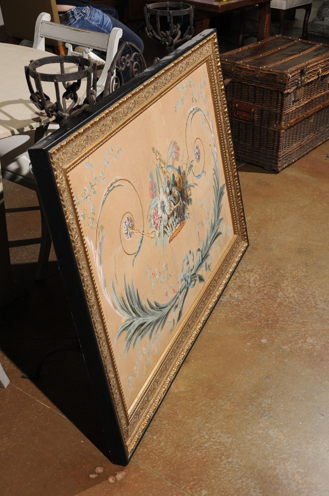 French Directoire Period Floral Painted Panel in Gilded Frame, circa 1790 6