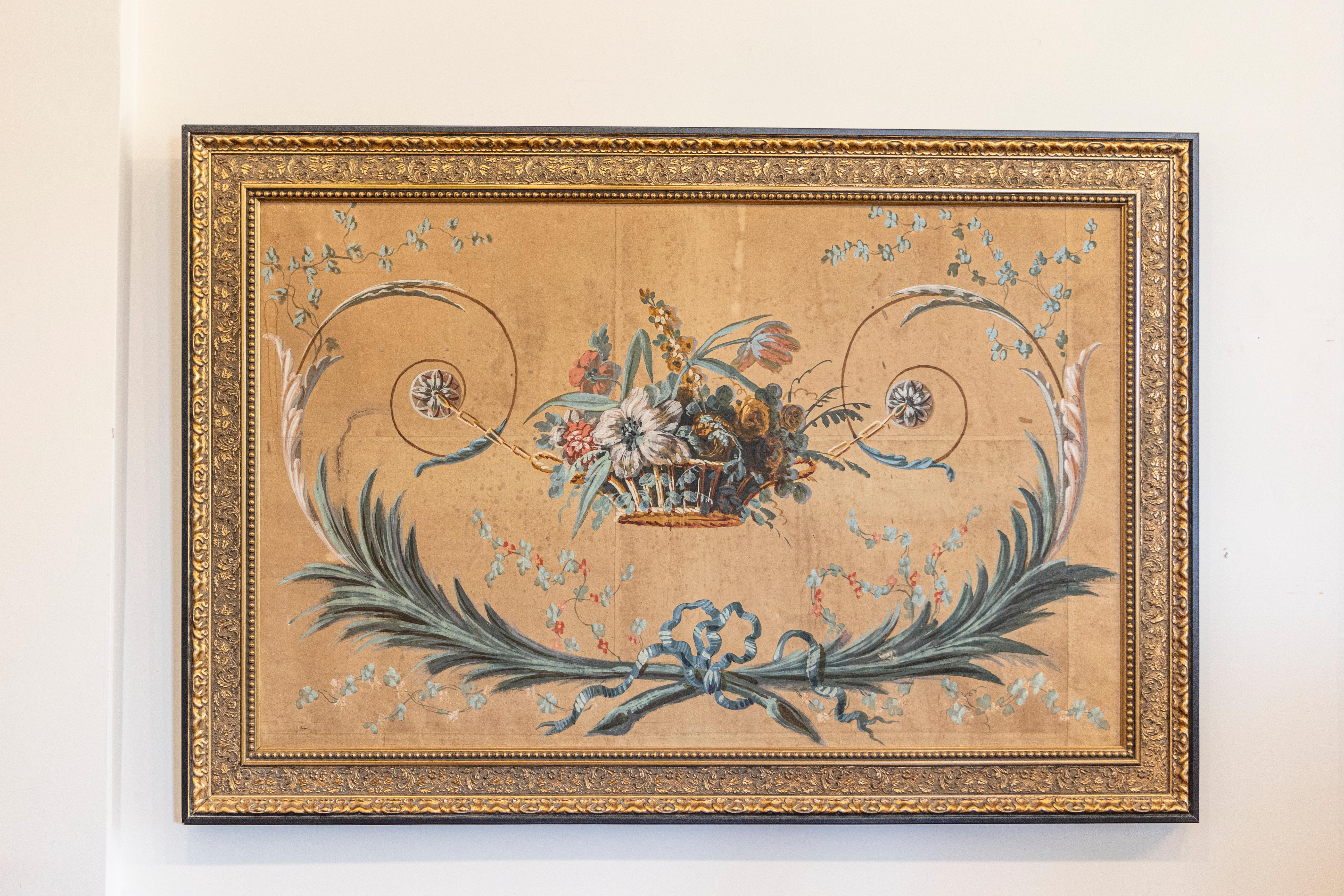 A French Directoire period framed painted panel from the late 18th century, with floral motifs. Born in France during the later years of the 18th century, this exquisite decorative panel features a lovely bouquet of flowers, displayed in a humble