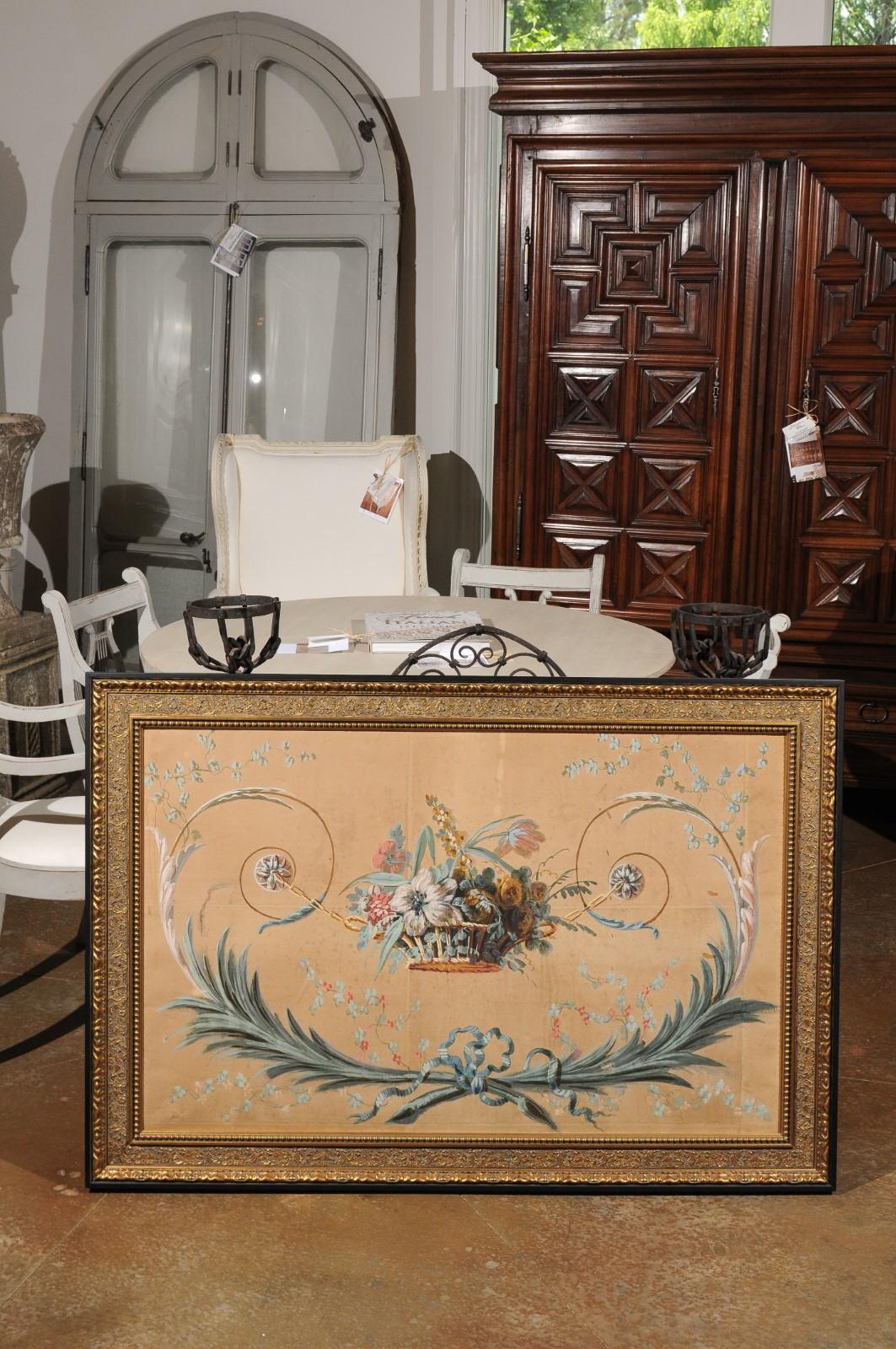 Gilt French Directoire Period Floral Painted Panel in Gilded Frame, circa 1790