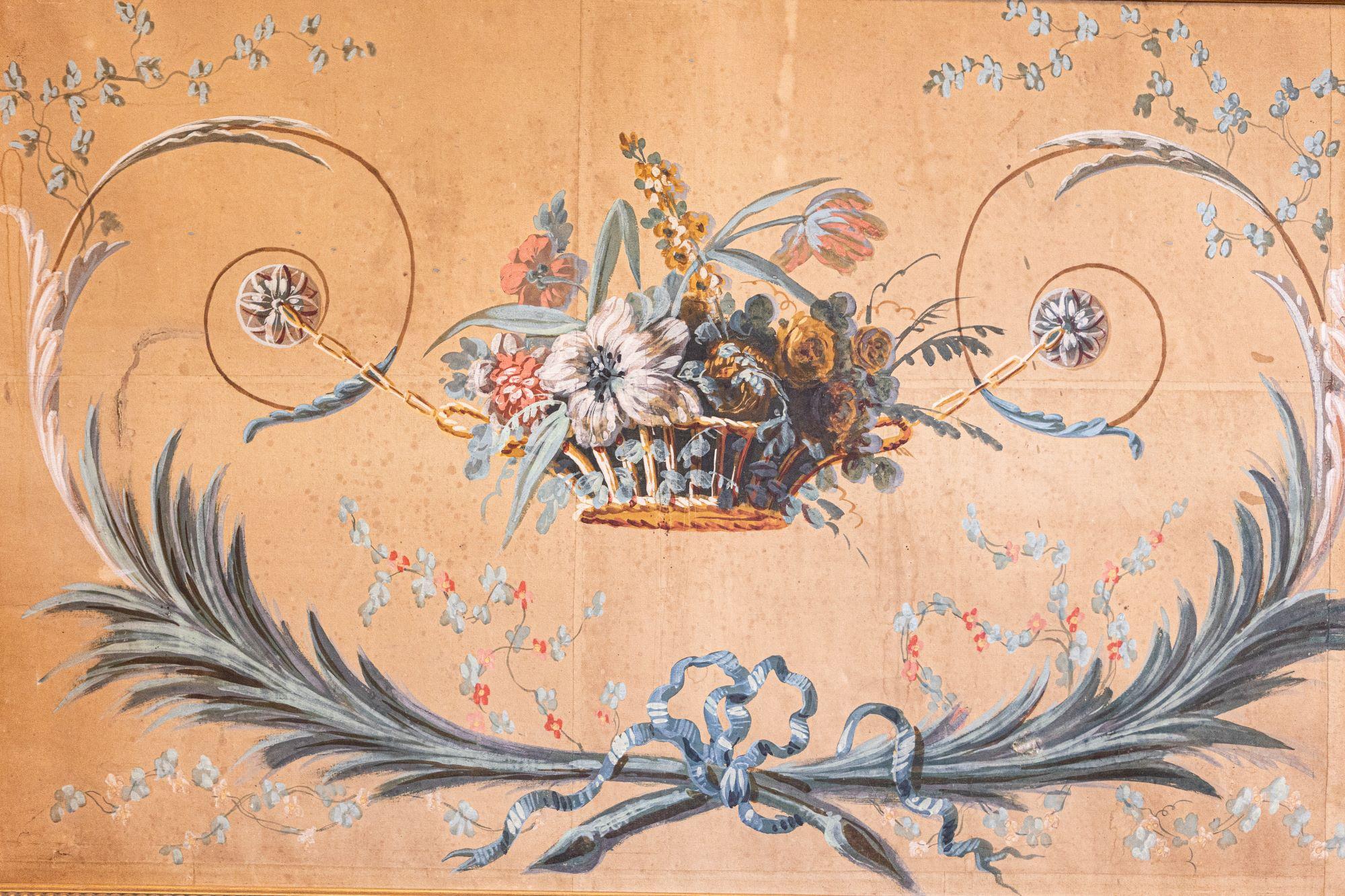 Gilt French Directoire Period Floral Painted Panel in Gilded Frame, circa 1790 For Sale
