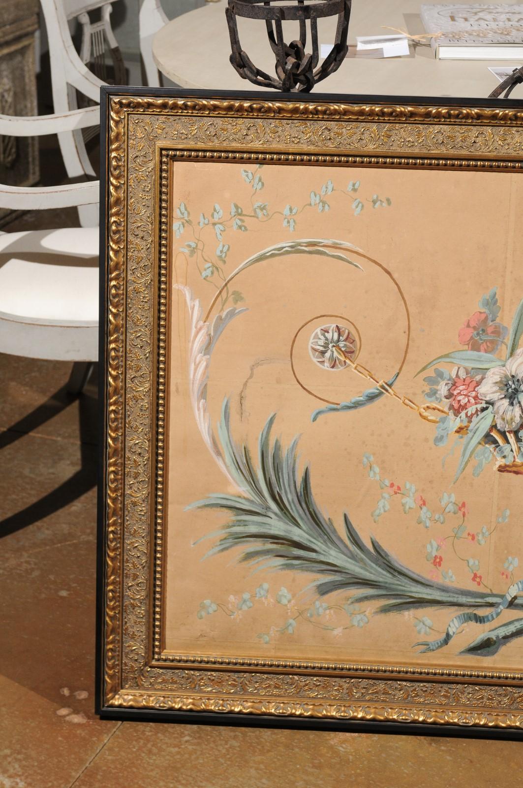 French Directoire Period Floral Painted Panel in Gilded Frame, circa 1790 In Good Condition In Atlanta, GA