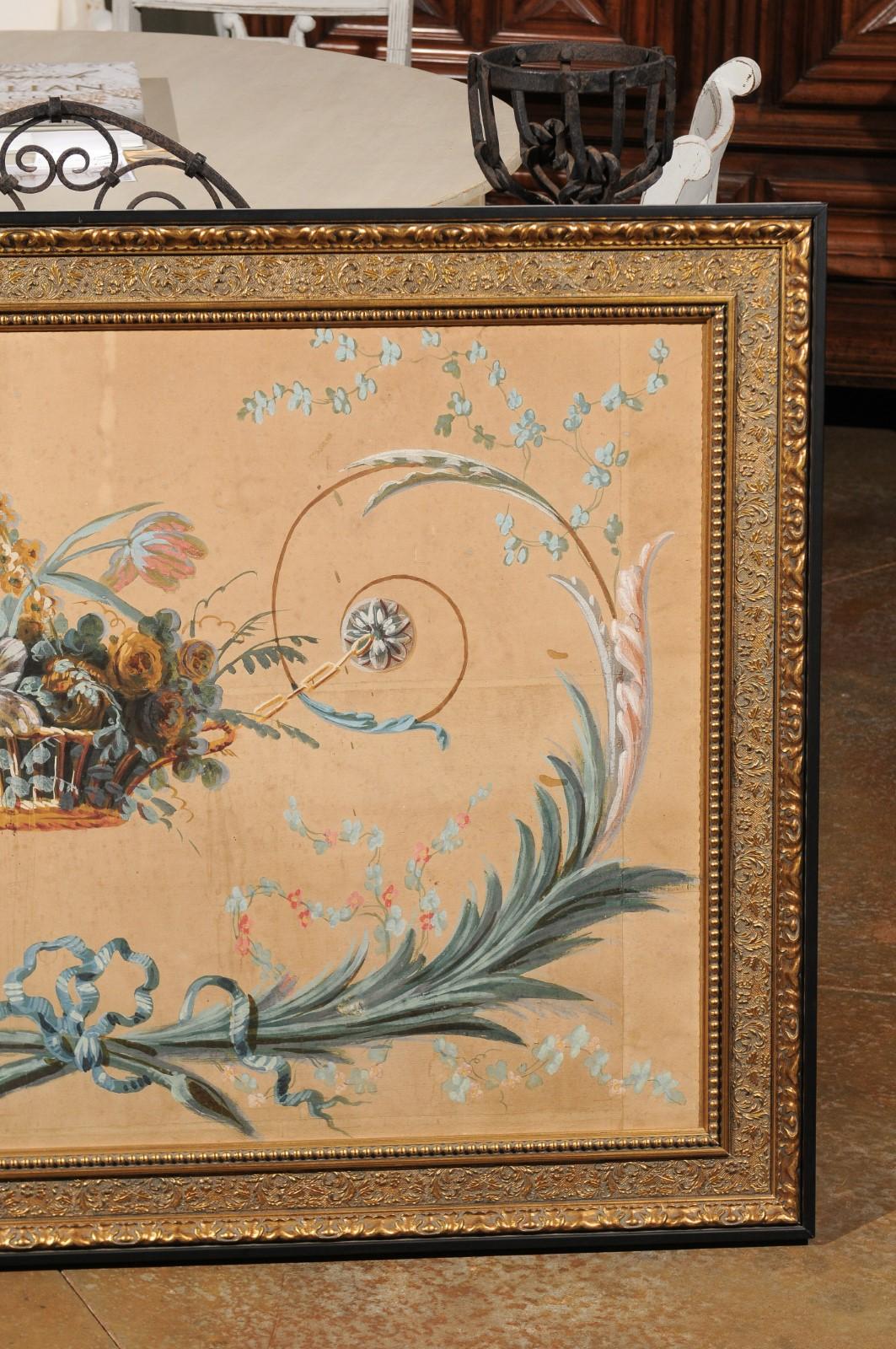 18th Century French Directoire Period Floral Painted Panel in Gilded Frame, circa 1790