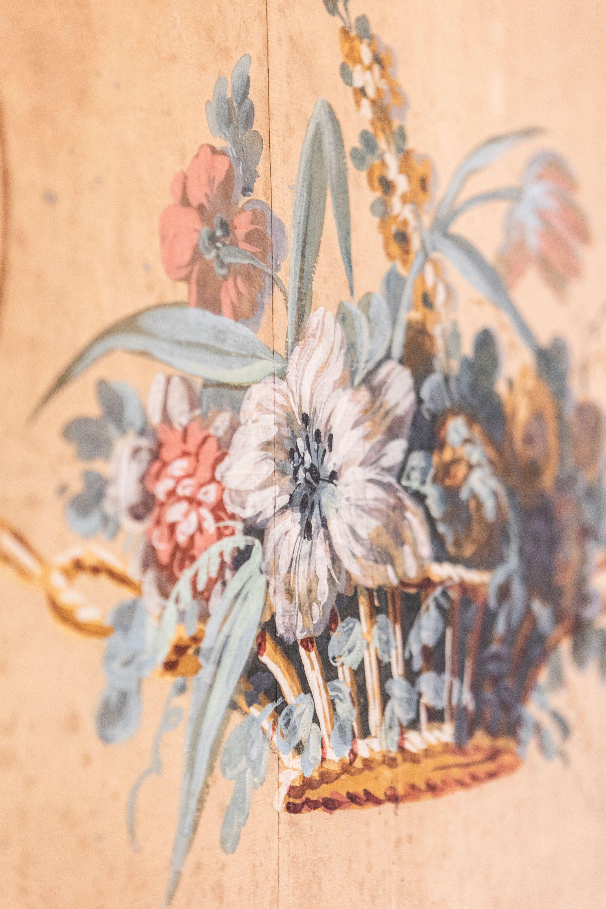 18th Century French Directoire Period Floral Painted Panel in Gilded Frame, circa 1790 For Sale
