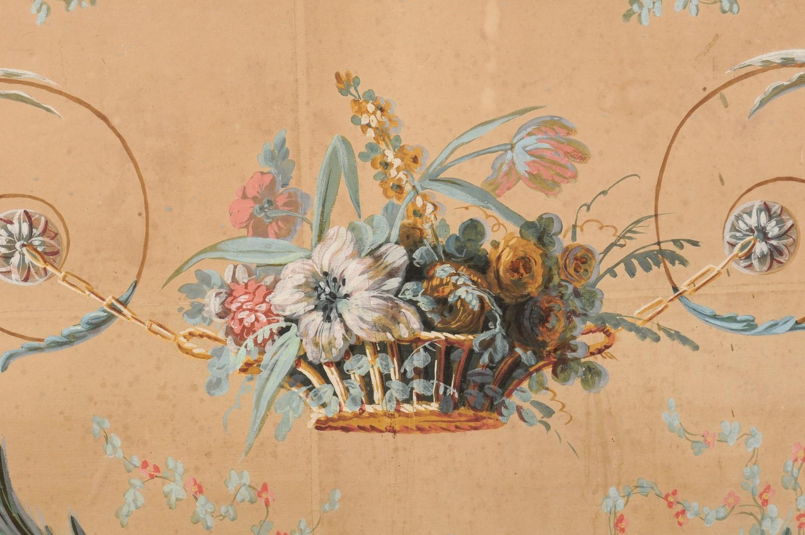 XVIIIe siècle Panneau peint à motifs floraux d'époque Directoire dans un cadre doré, vers 1790