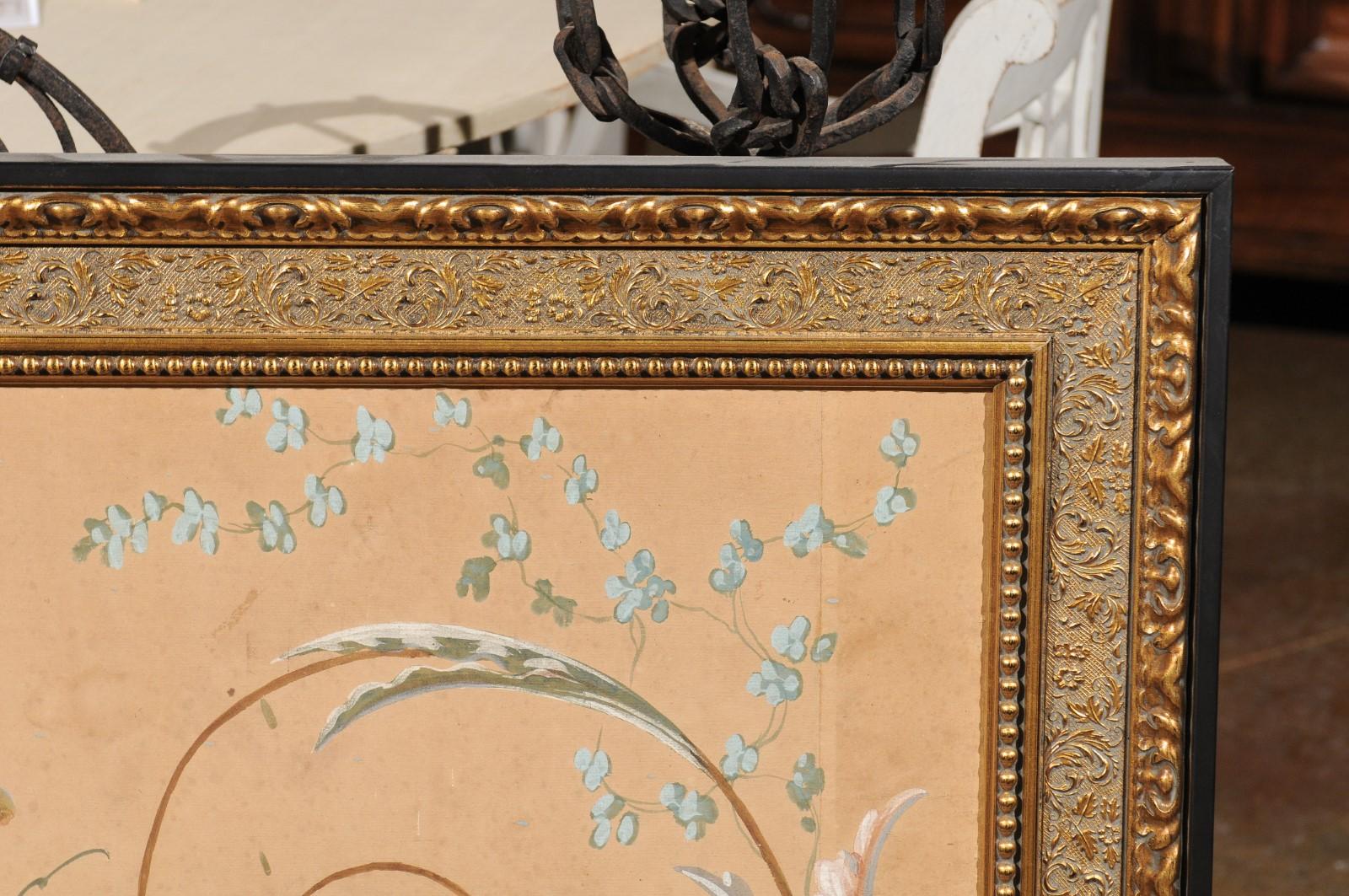 Peinture Panneau peint à motifs floraux d'époque Directoire dans un cadre doré, vers 1790
