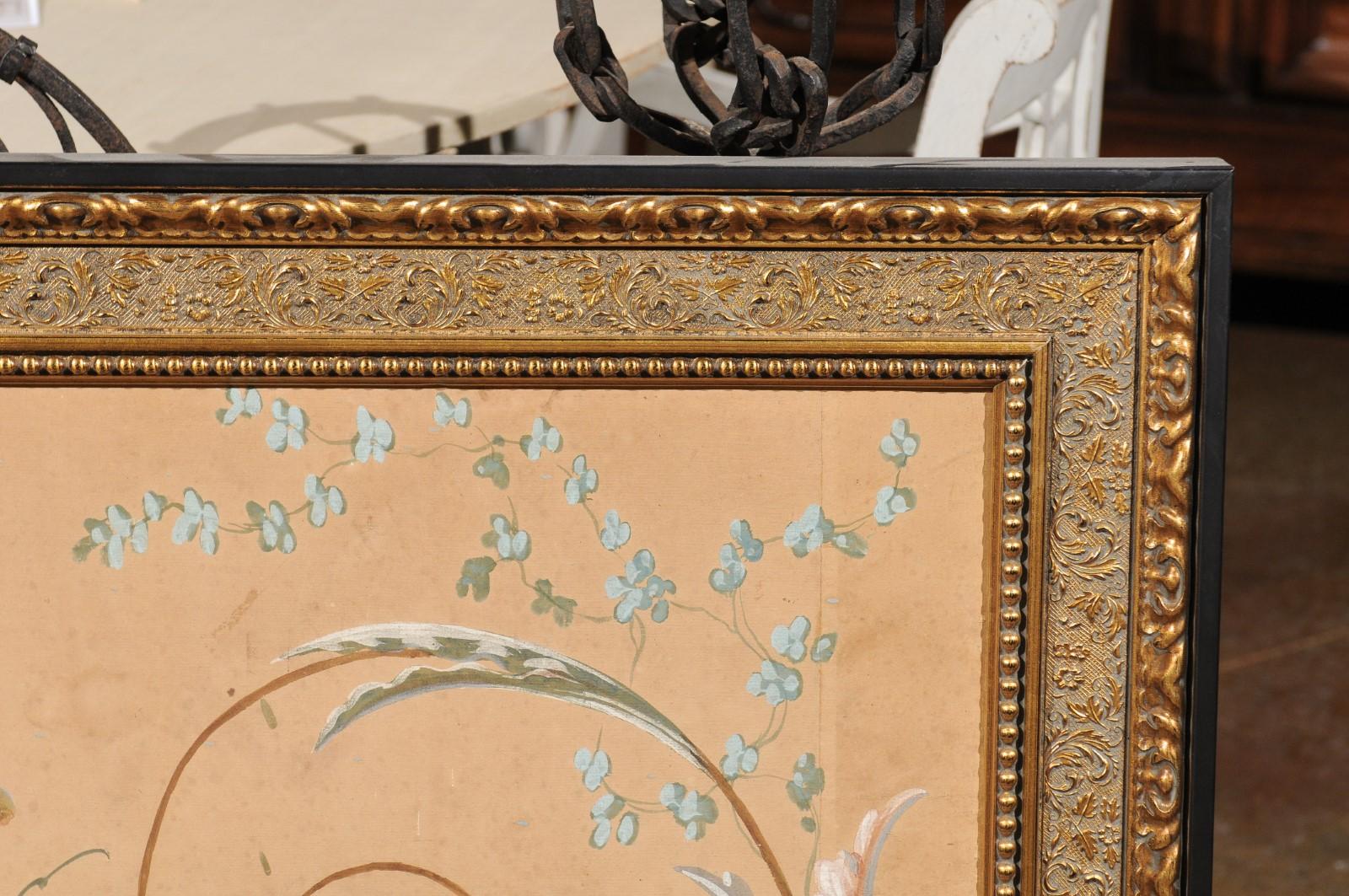 French Directoire Period Floral Painted Panel in Gilded Frame, circa 1790 2