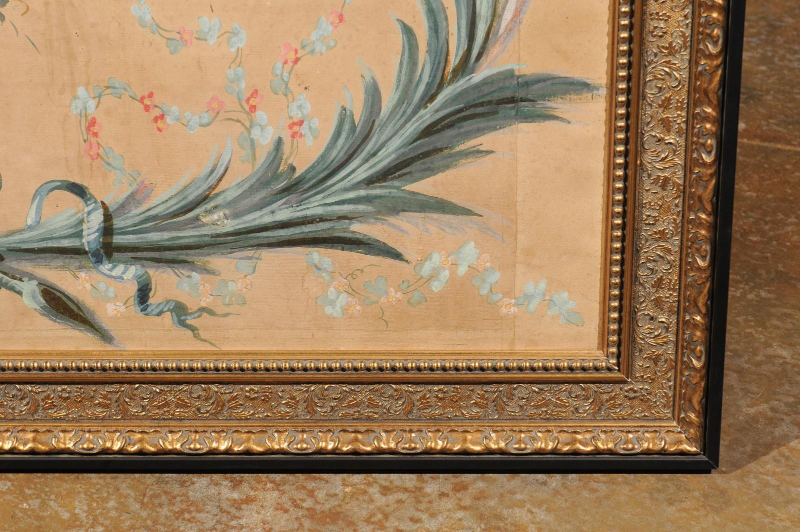 French Directoire Period Floral Painted Panel in Gilded Frame, circa 1790 3