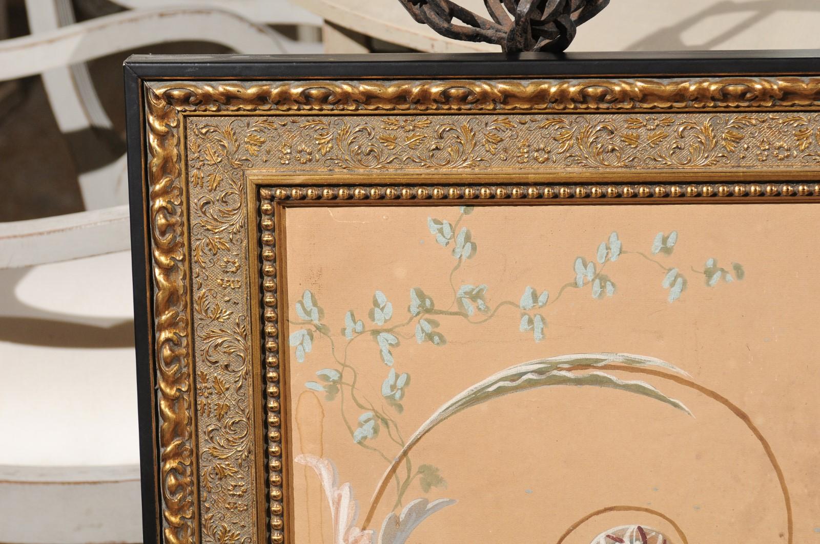 Panneau peint à motifs floraux d'époque Directoire dans un cadre doré, vers 1790 2