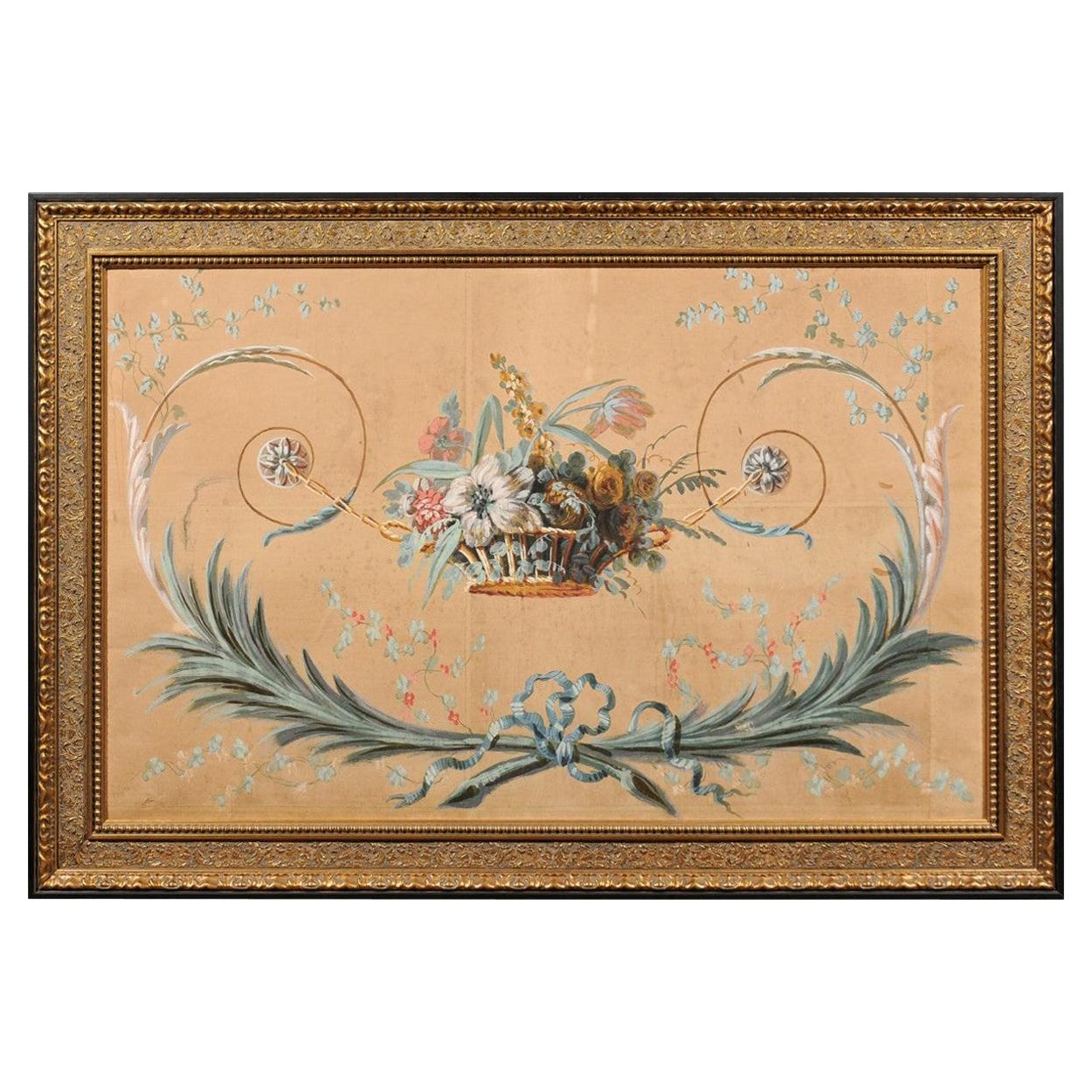 Panneau peint à motifs floraux d'époque Directoire dans un cadre doré, vers 1790