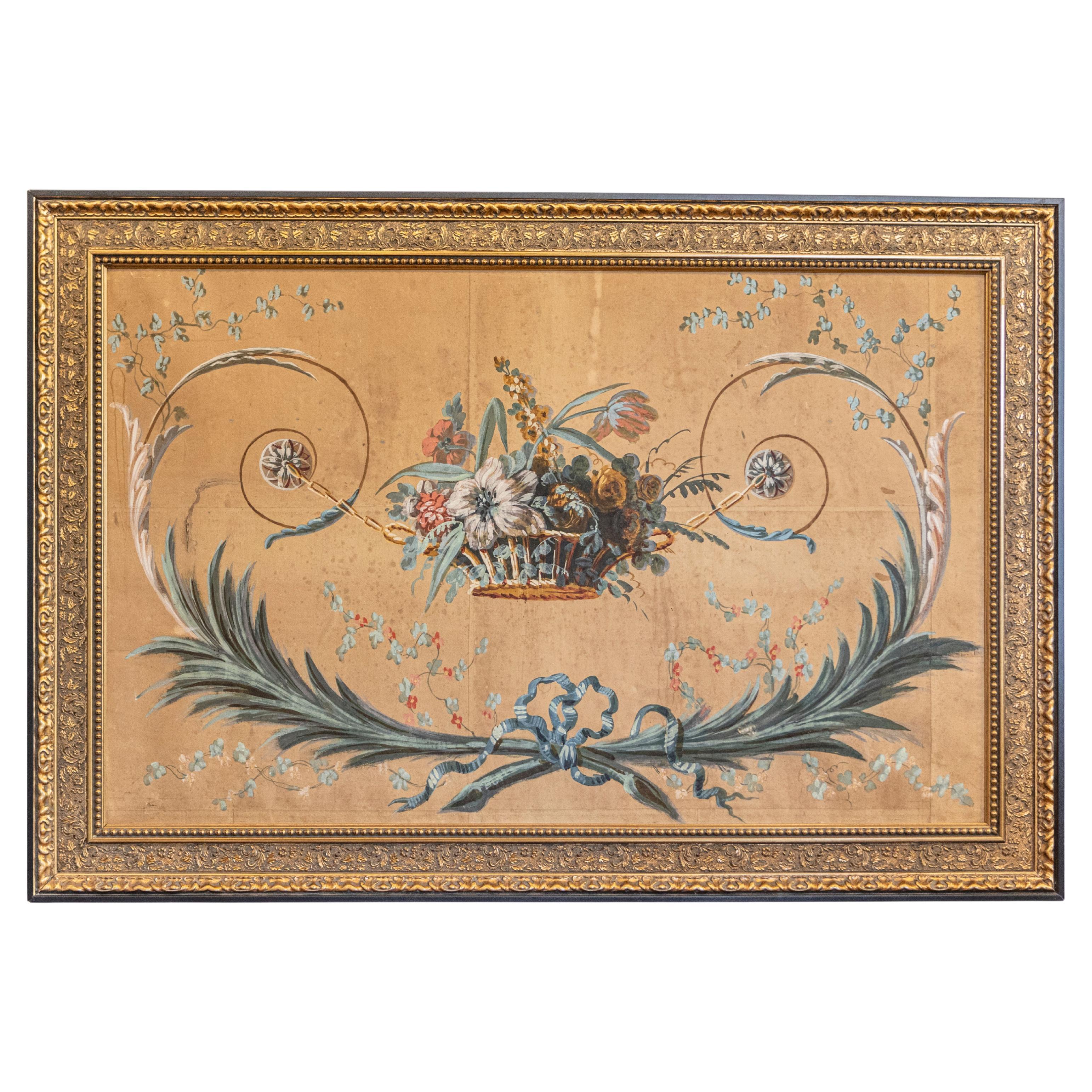 French Directoire Period Floral Painted Panel in Gilded Frame, circa 1790