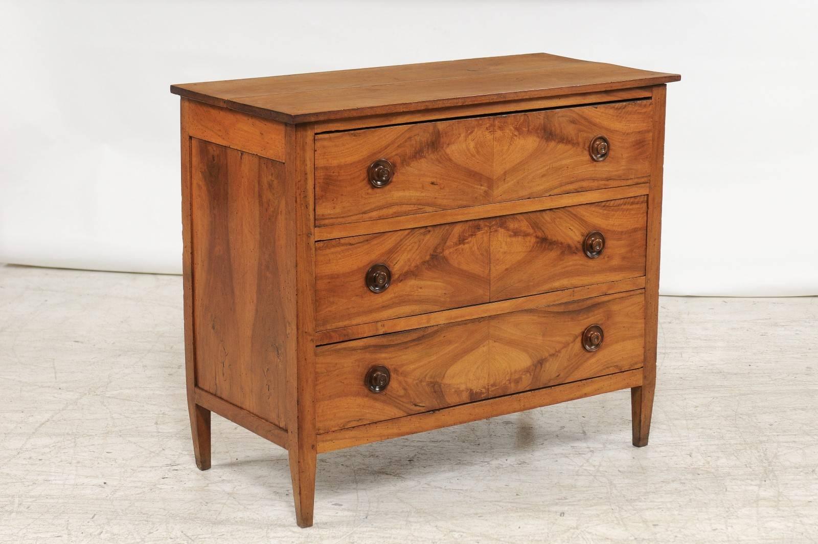French Directoire Period Three-Drawer Chest with Bookmarked Walnut Veneer In Good Condition In Atlanta, GA