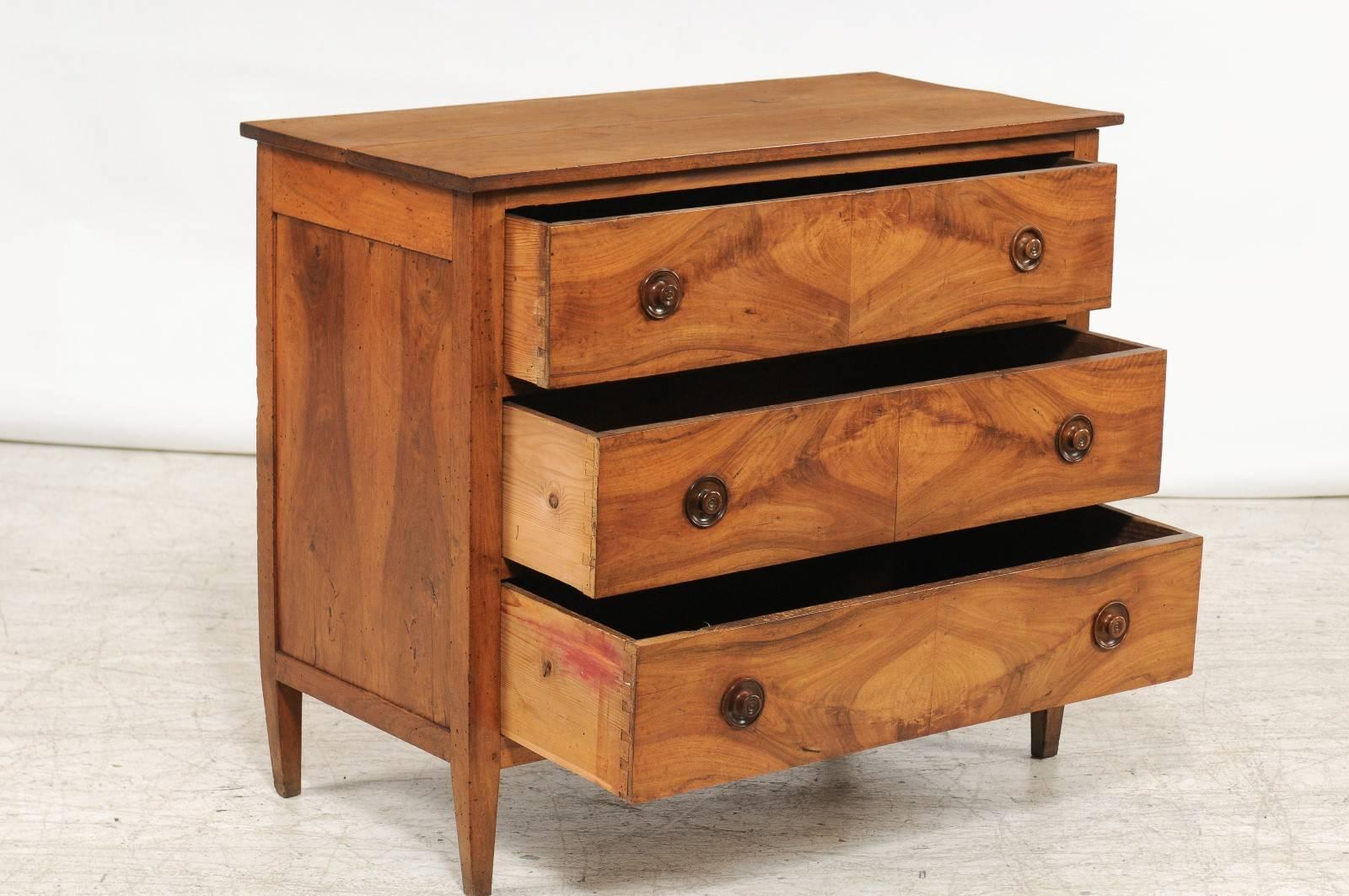 18th Century French Directoire Period Three-Drawer Chest with Bookmarked Walnut Veneer
