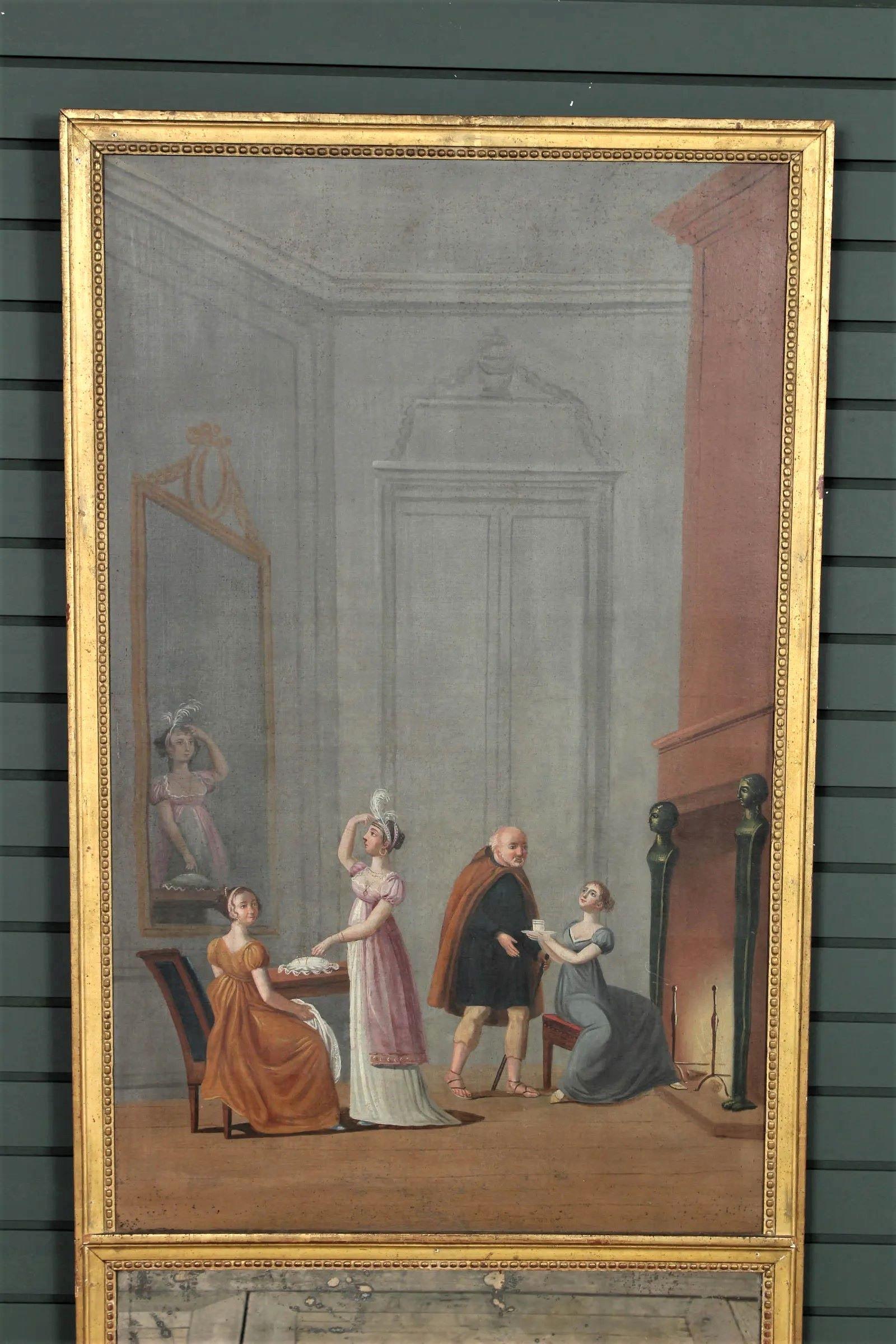 Hand-Painted French Directoire Period Trumeau Mirror, Interior Scene, Circa 1800 For Sale