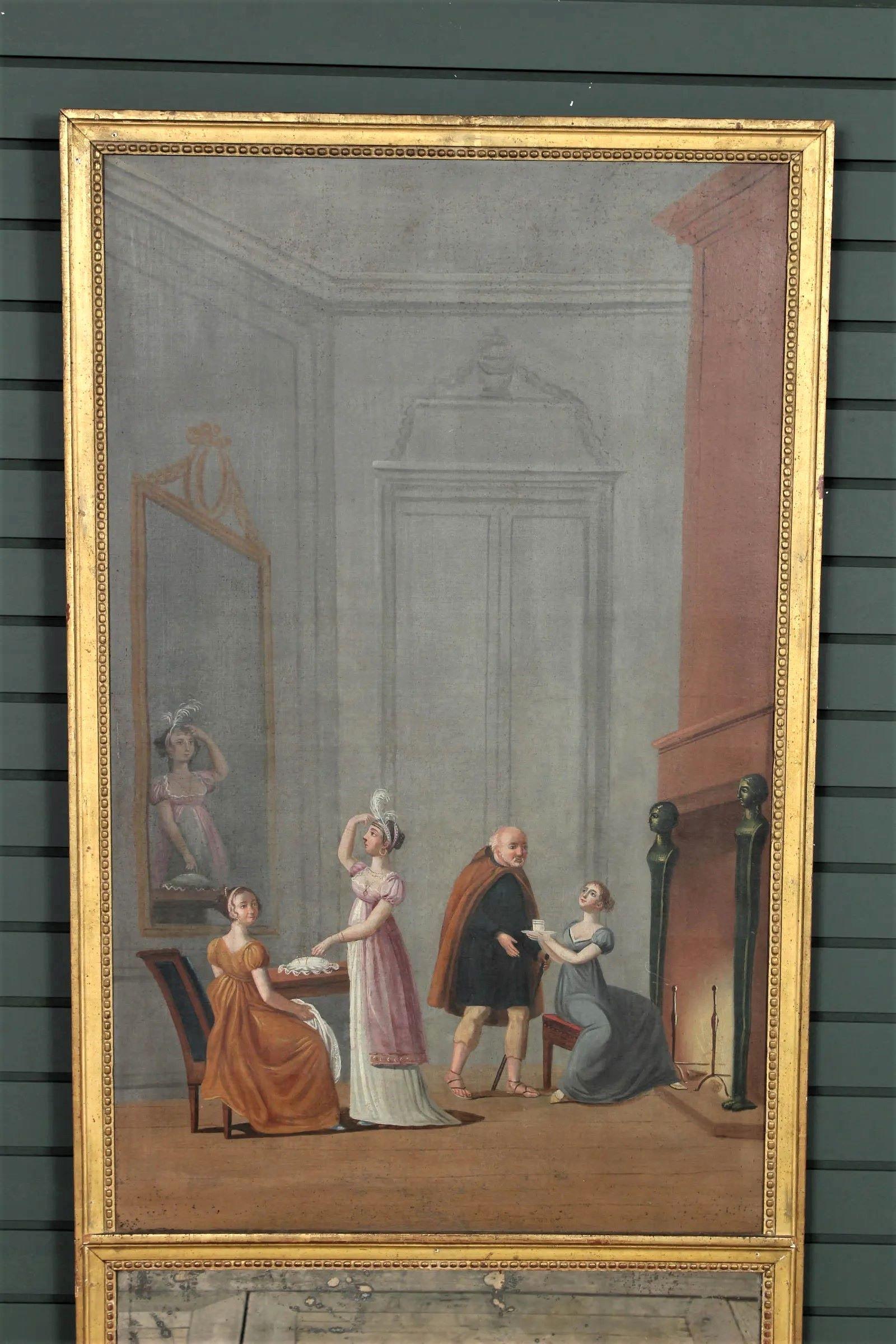 Direttorio Specchio Trumeau francese del periodo Directoire, scena d'interno, circa 1800 in vendita