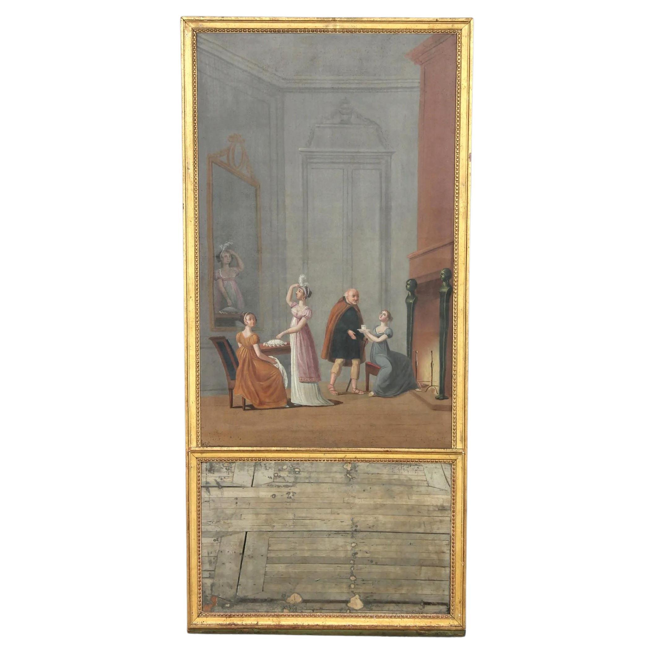 Französischer Trumeau-Spiegel aus der französischen Directoire-Periode, Innenszene, um 1800 im Angebot