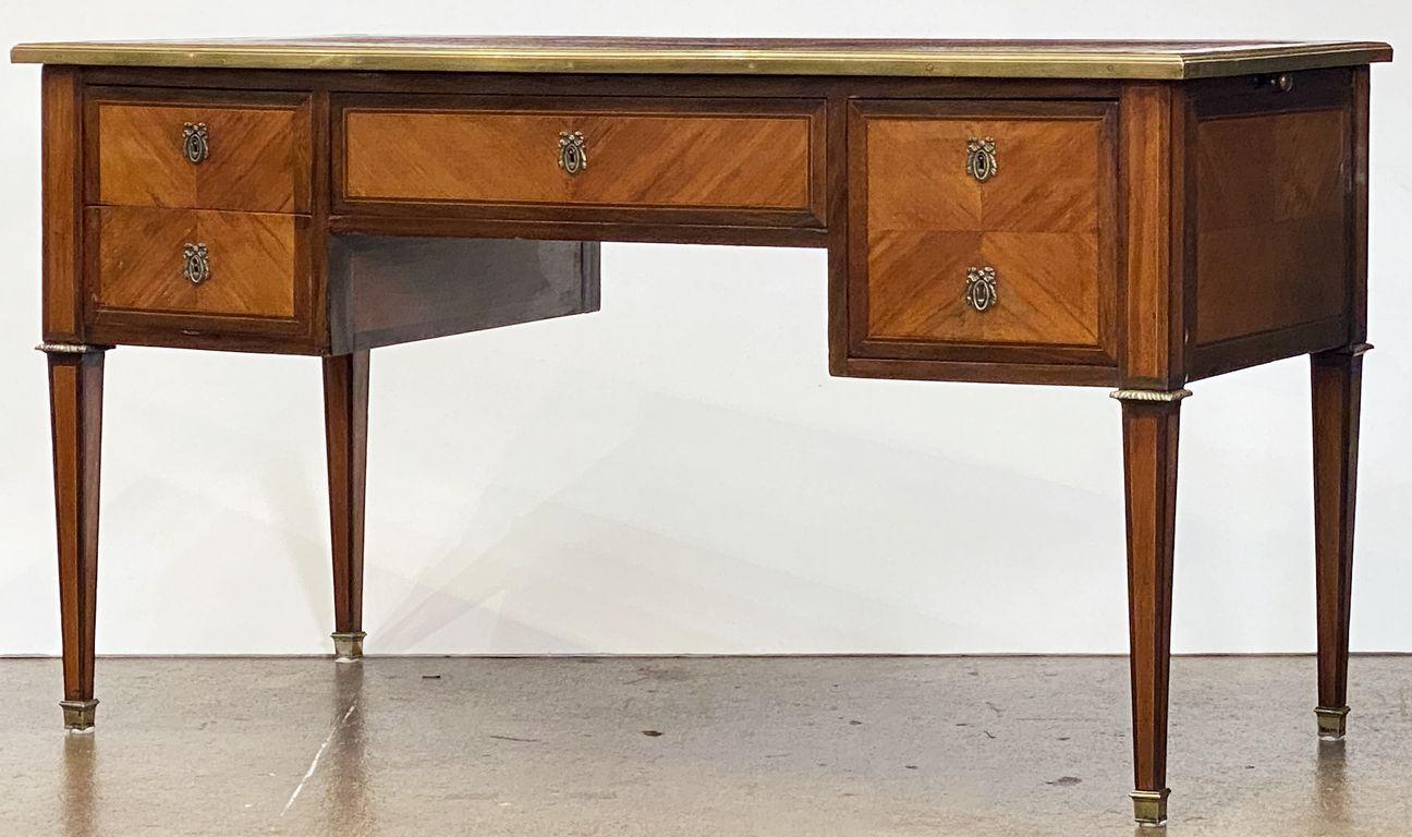 Metal French Directoire Period Writing Desk of Walnut and Mahogany with Leather Top For Sale