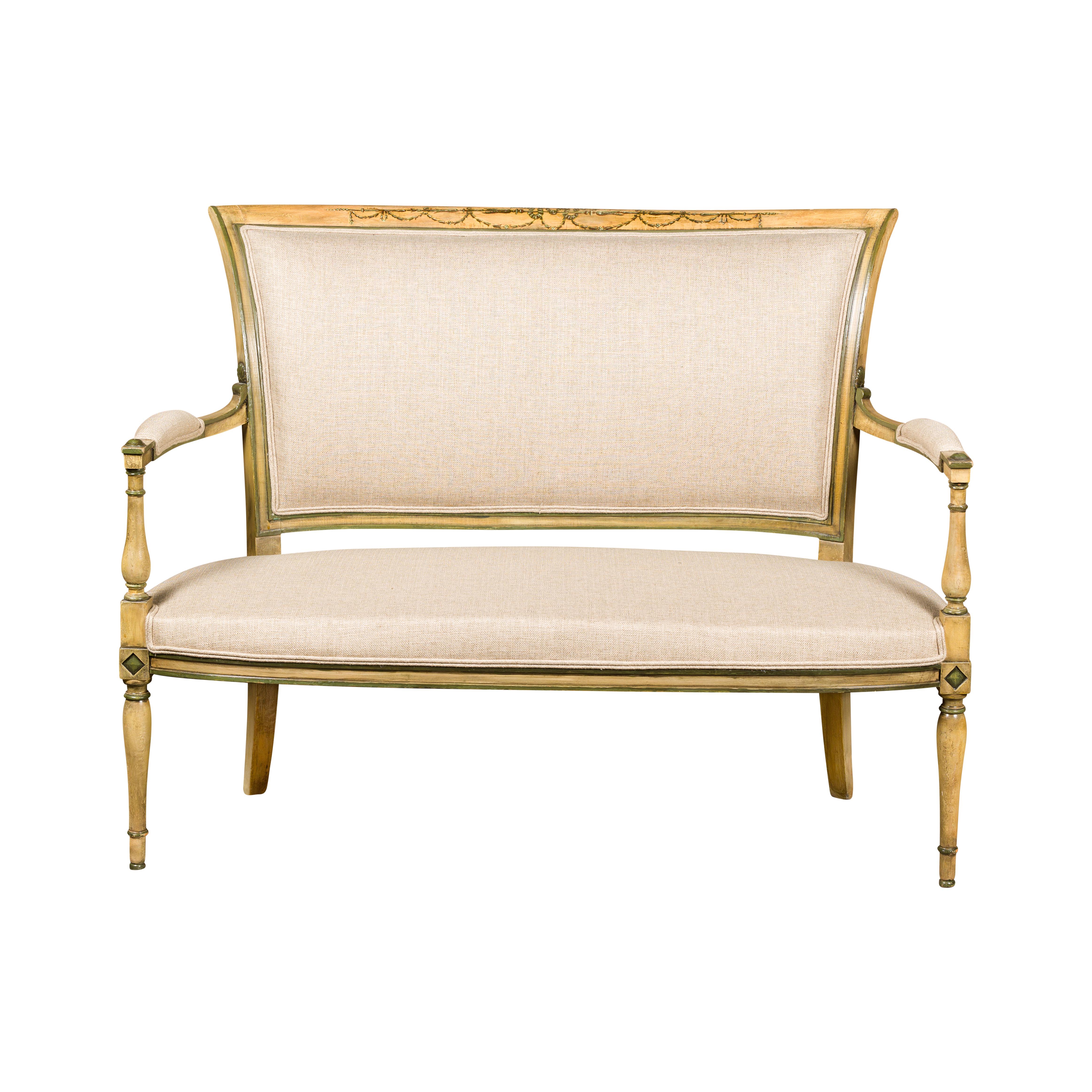 French Directoire Settee with Painted Garlands, Upholstery and Diamond Motifs For Sale 12