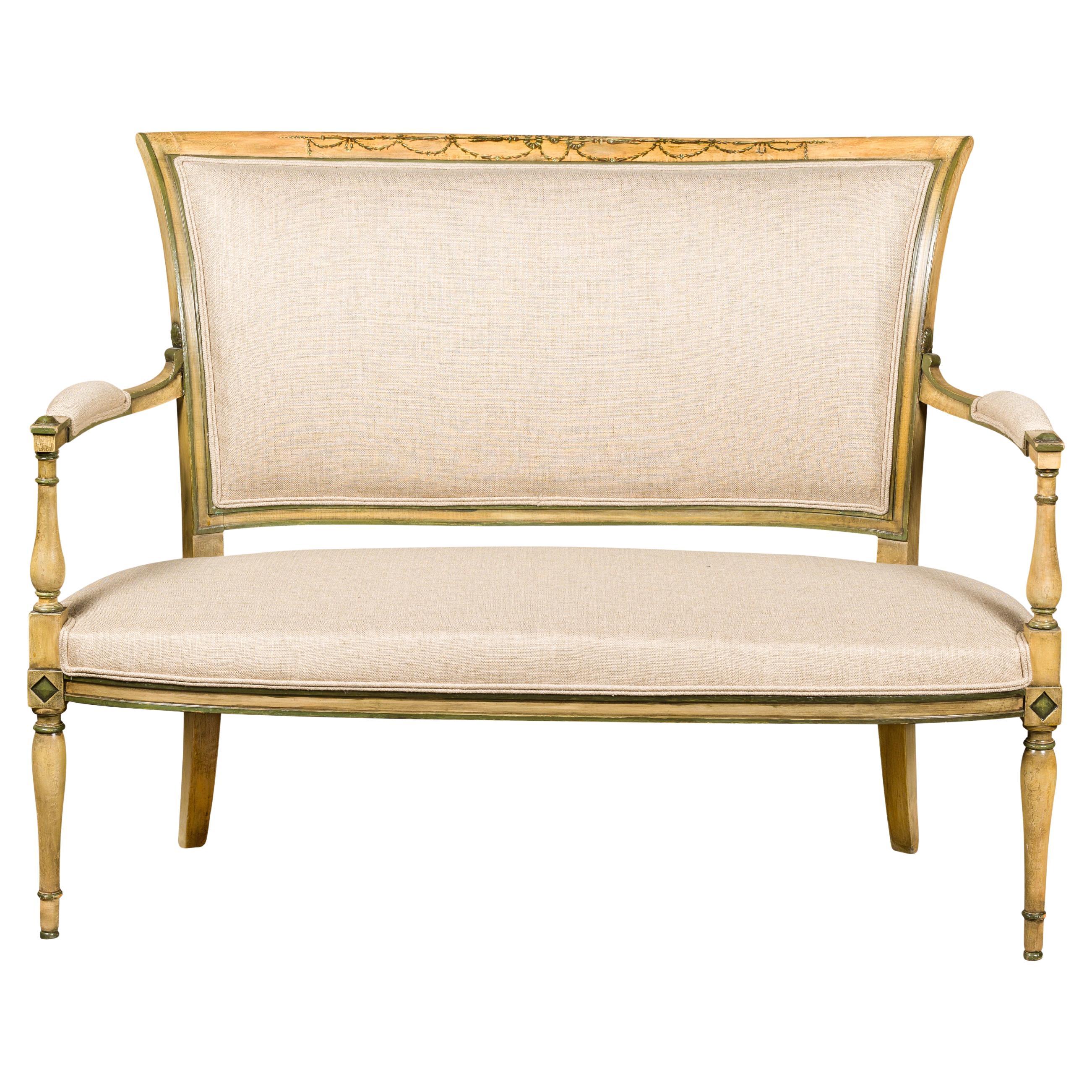 French Directoire Settee with Painted Garlands, Upholstery and Diamond Motifs For Sale