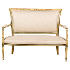 Antique French Directoire Settee with Painted Garlands, Upholstery and Diamond Motifs