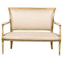 Settee du Directoire français avec guirlandes peintes, tapisserie et motifs de diamants