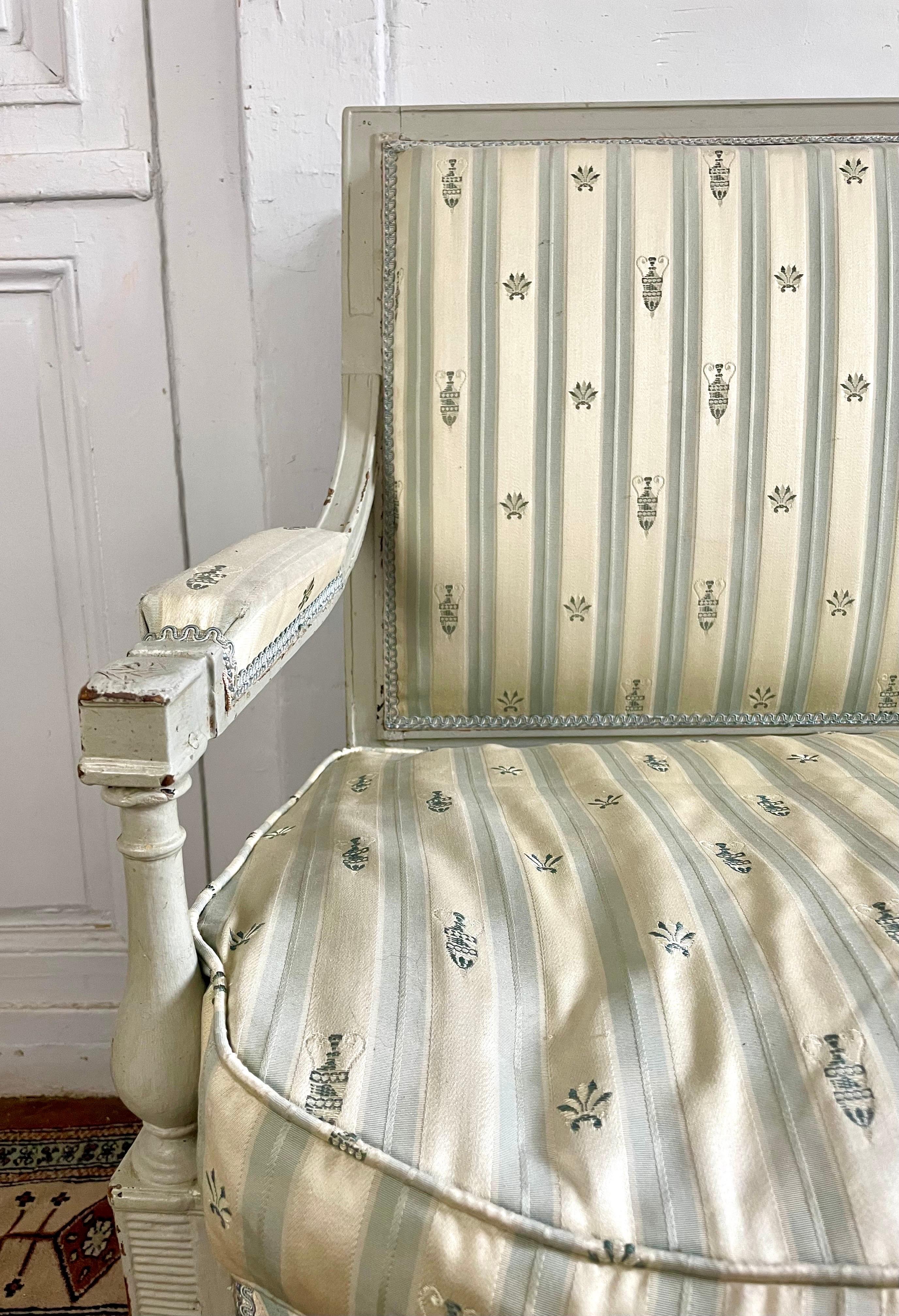 French Directoire Sofa Bench Silk Patterns Blue Gray White 18th 1